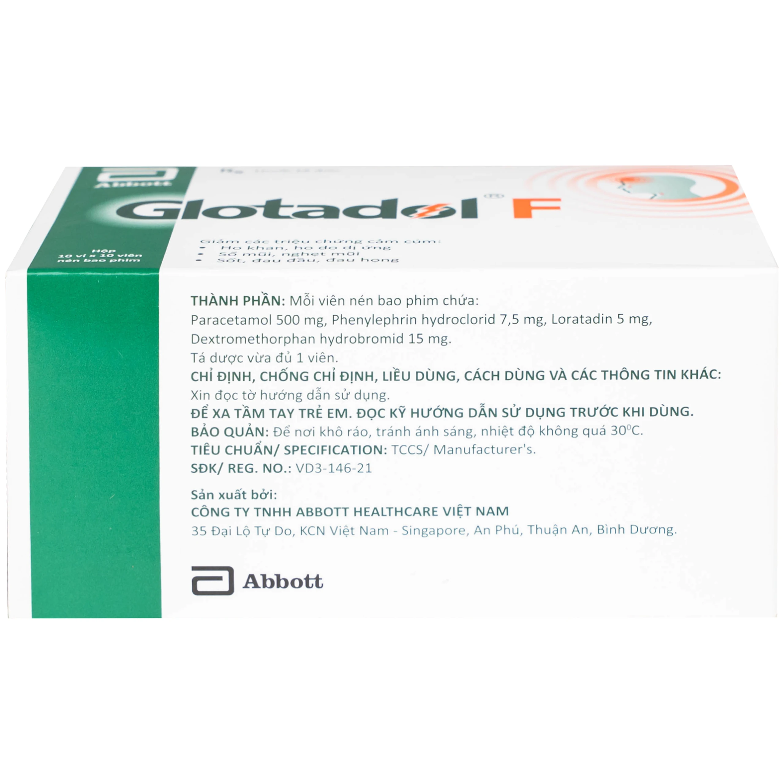 Thuốc Glotadol F Glomed hỗ trợ giảm nhanh các triệu chứng do cảm cúm, cảm lạnh (10 vỉ x 10 viên)