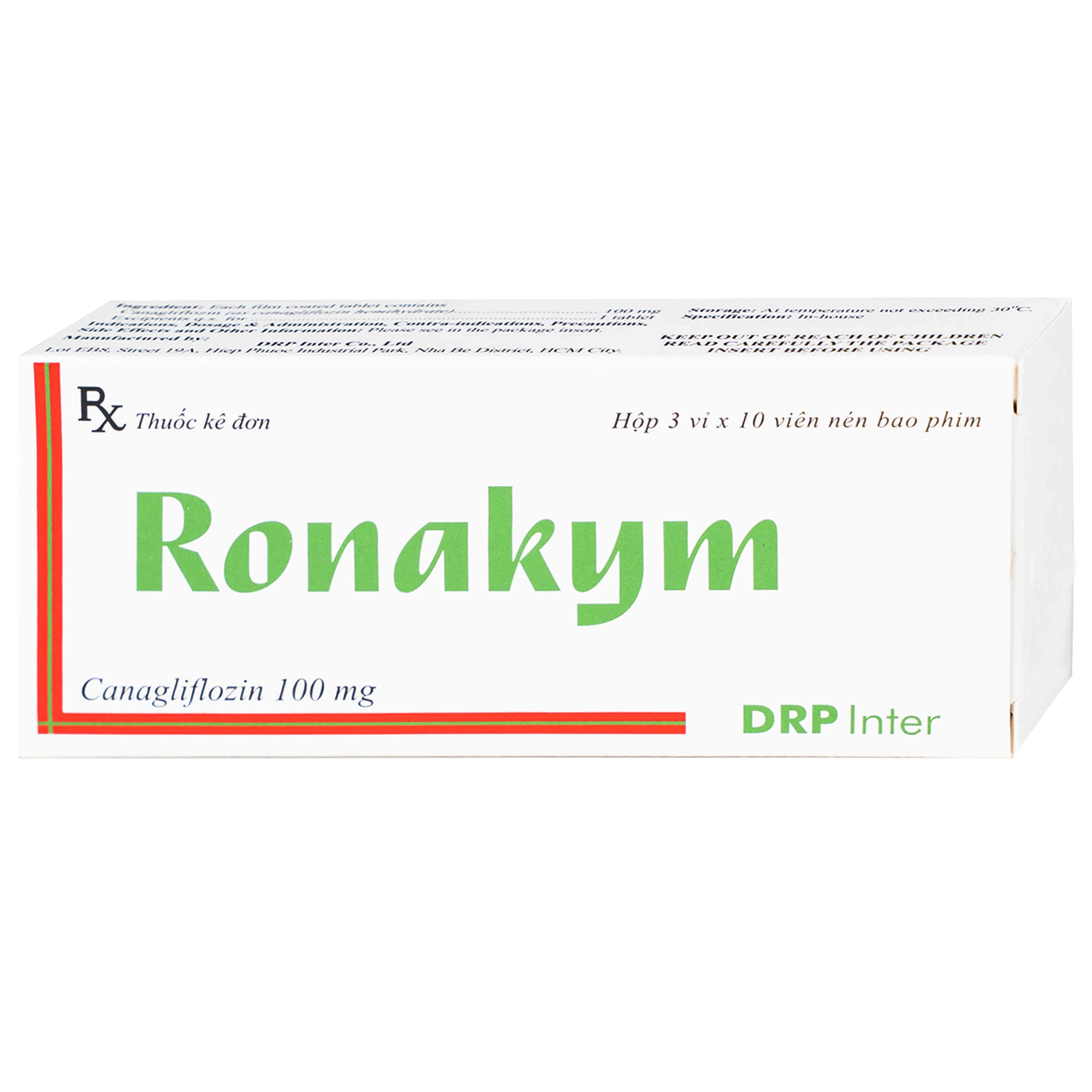 Thuốc Ronakym 100mg DRP Inter điều trị đái tháo đường tuýp 2 ở người lớn (3 vỉ x 10 viên)