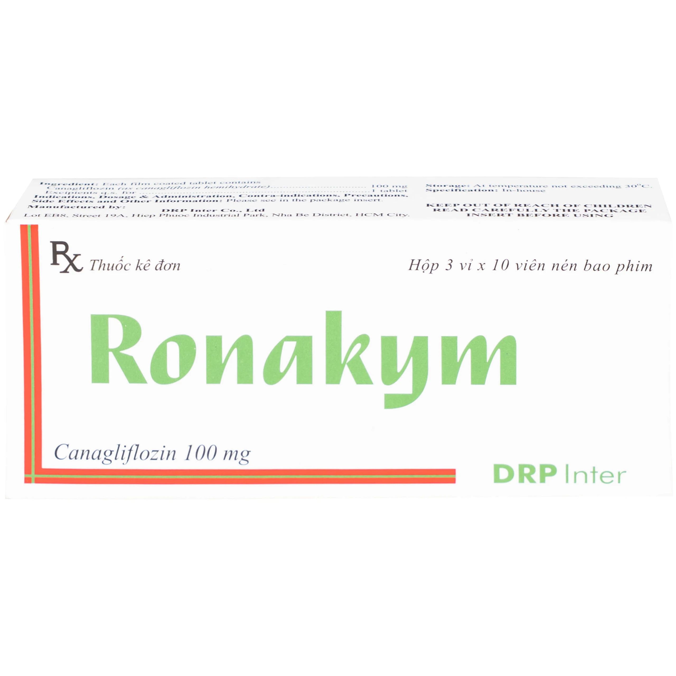 Thuốc Ronakym 100mg DRP Inter điều trị đái tháo đường tuýp 2 ở người lớn (3 vỉ x 10 viên)