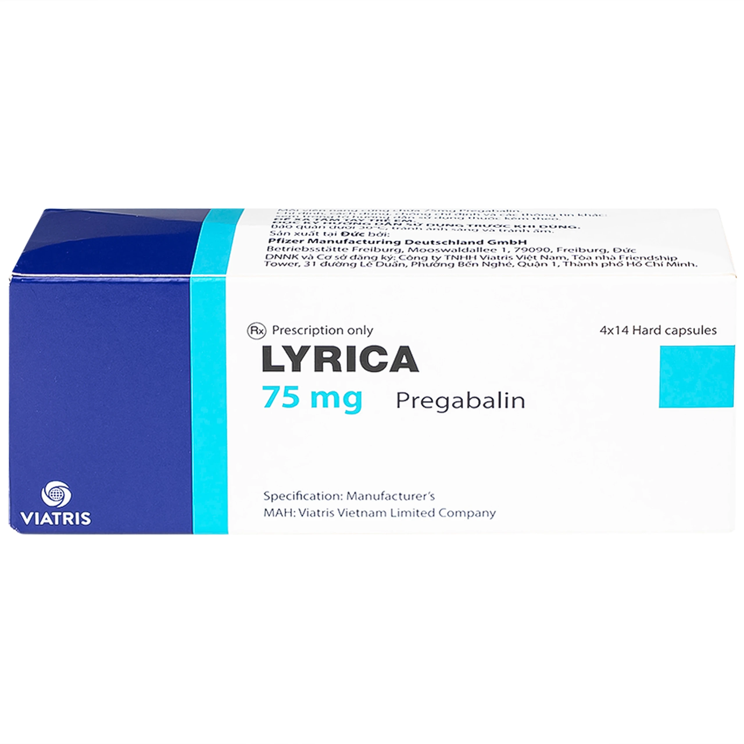 Viên nang cứng Lyrica 75mg Viatris điều trị đau thần kinh, động kinh cục bộ (4 vỉ x 14 viên) 