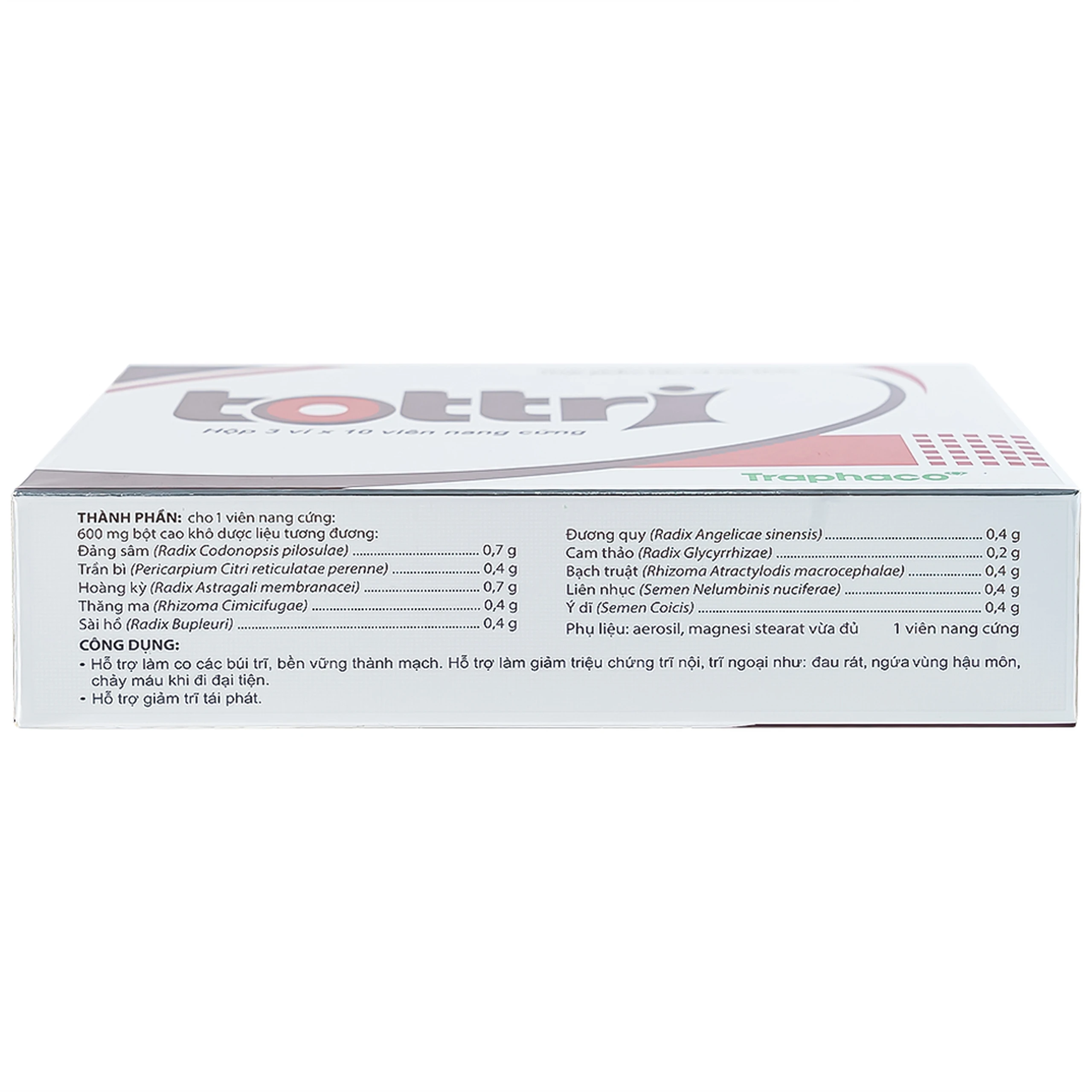 Viên hỗ trợ làm giảm triệu chứng trĩ nội, trĩ ngoại Tottri Traphaco (3 vỉ x 10 viên)