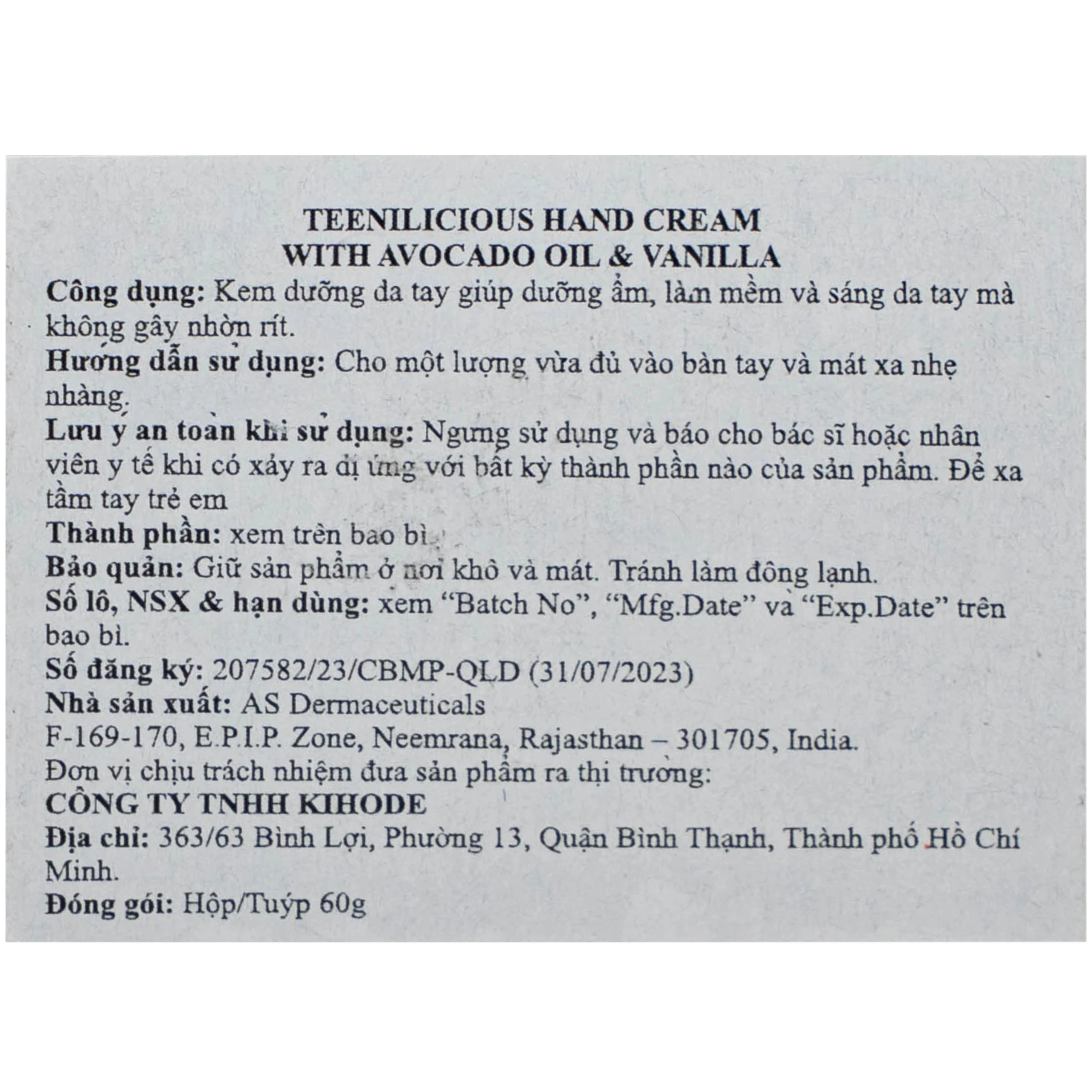 Kem dưỡng da tay hương bơ và hạt vani Teenilicious hộp 60g