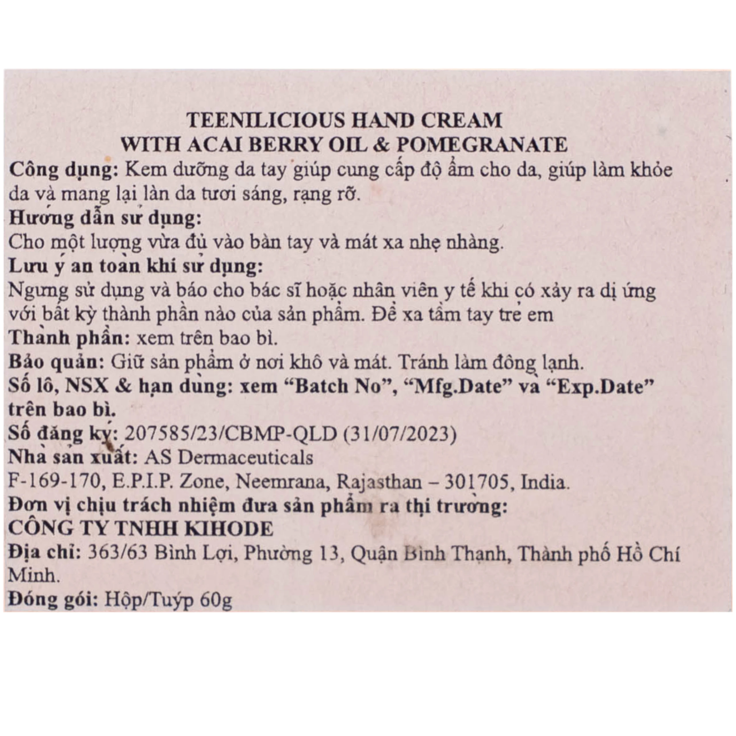 Kem dưỡng da tay hương lựu và acai Teenilicious hộp 60g