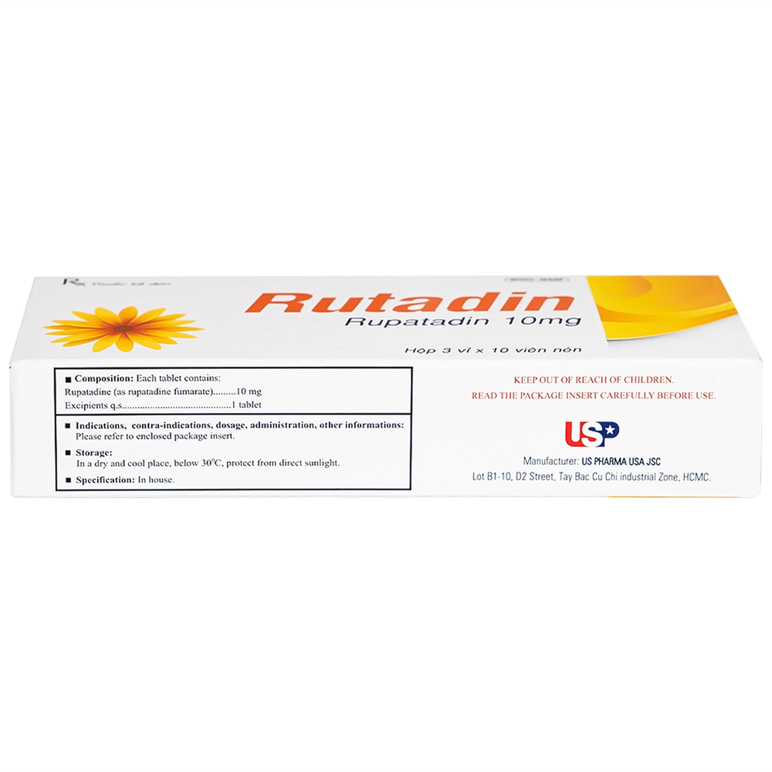 Thuốc Rutadin 10mg pharma usa điều trị triệu chứng của viêm mũi dị ứng và nổi mề đay (3 vỉ x 10 viên)