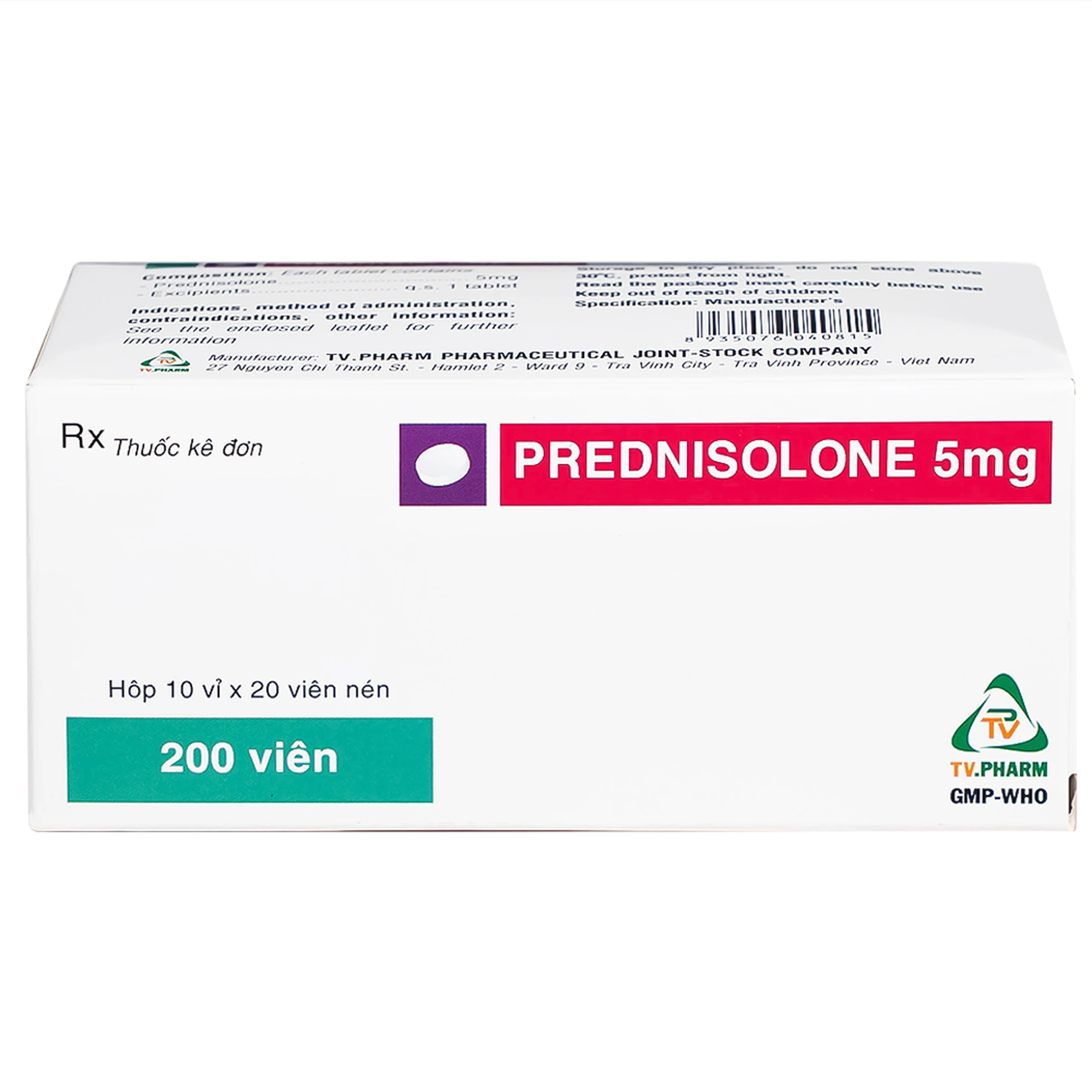 Thuốc Prednisolone 5mg TV.Pharm chống viêm, chống dị ứng và ức chế miễn dịch (10 vỉ x 20 viên)