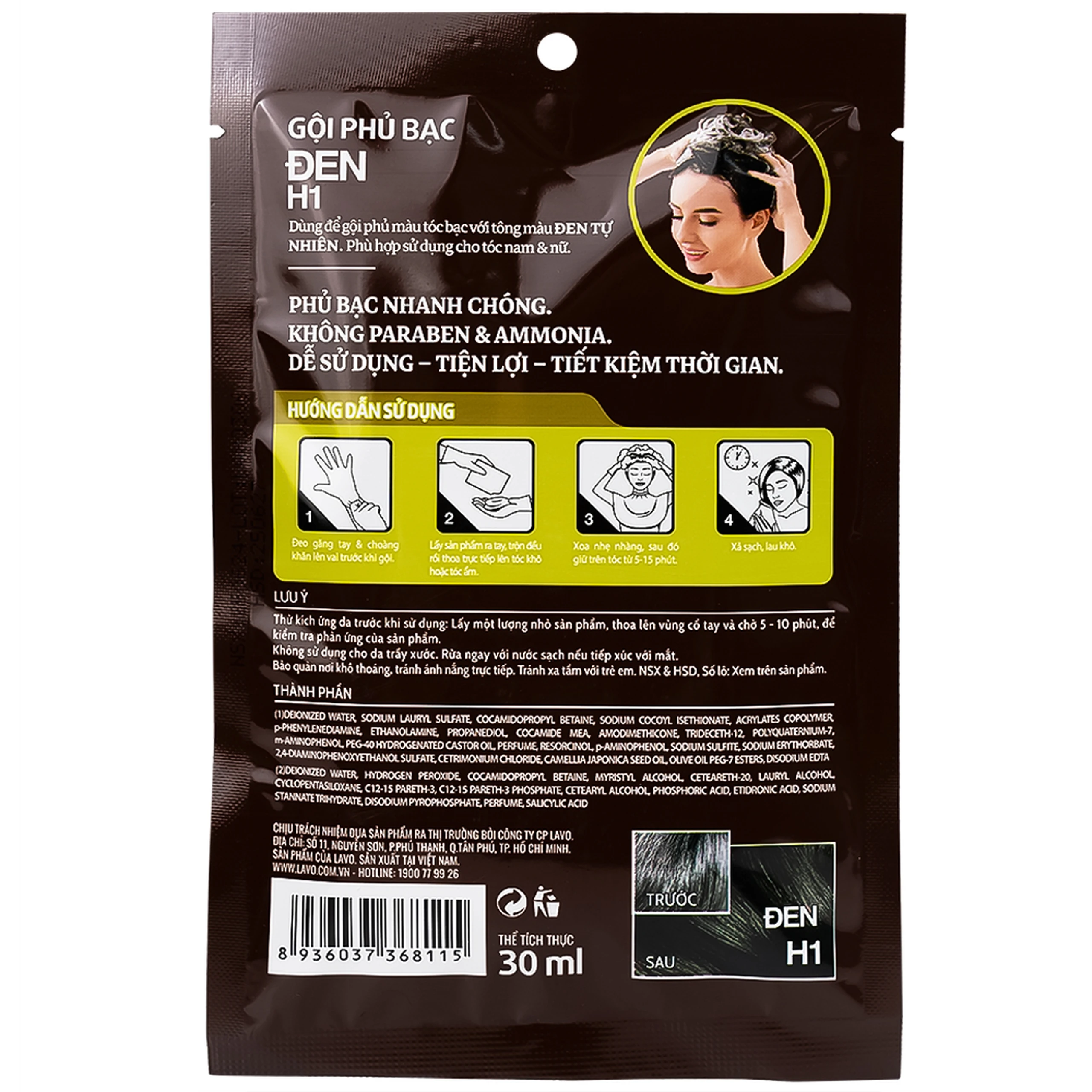 Gội phủ bạc Healthy&Lively Color Shampoo Lavox H1 màu đen tự nhiên (10 gói x 30ml)