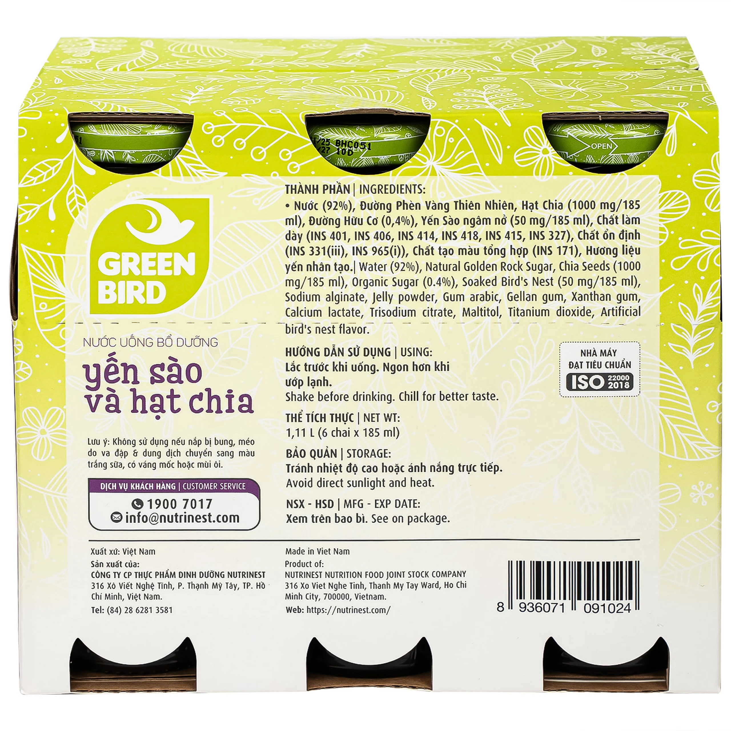 Nước Yến Sào Và Hạt Chia Greenbird (6 chai x 185ml)