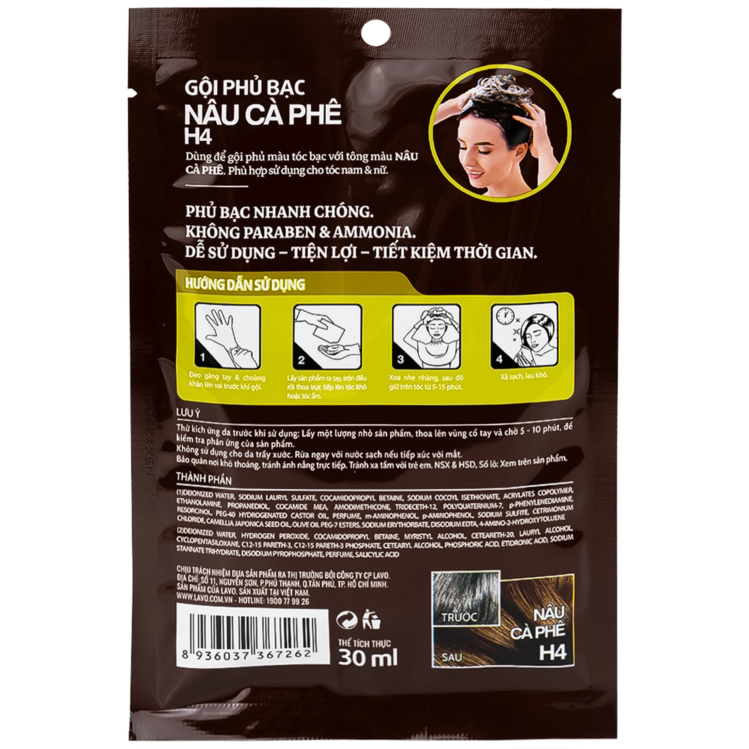 Gội phủ bạc Healthy&Lively Color Shampoo Lavox H4 màu nâu cà phê (10 gói x 30ml)