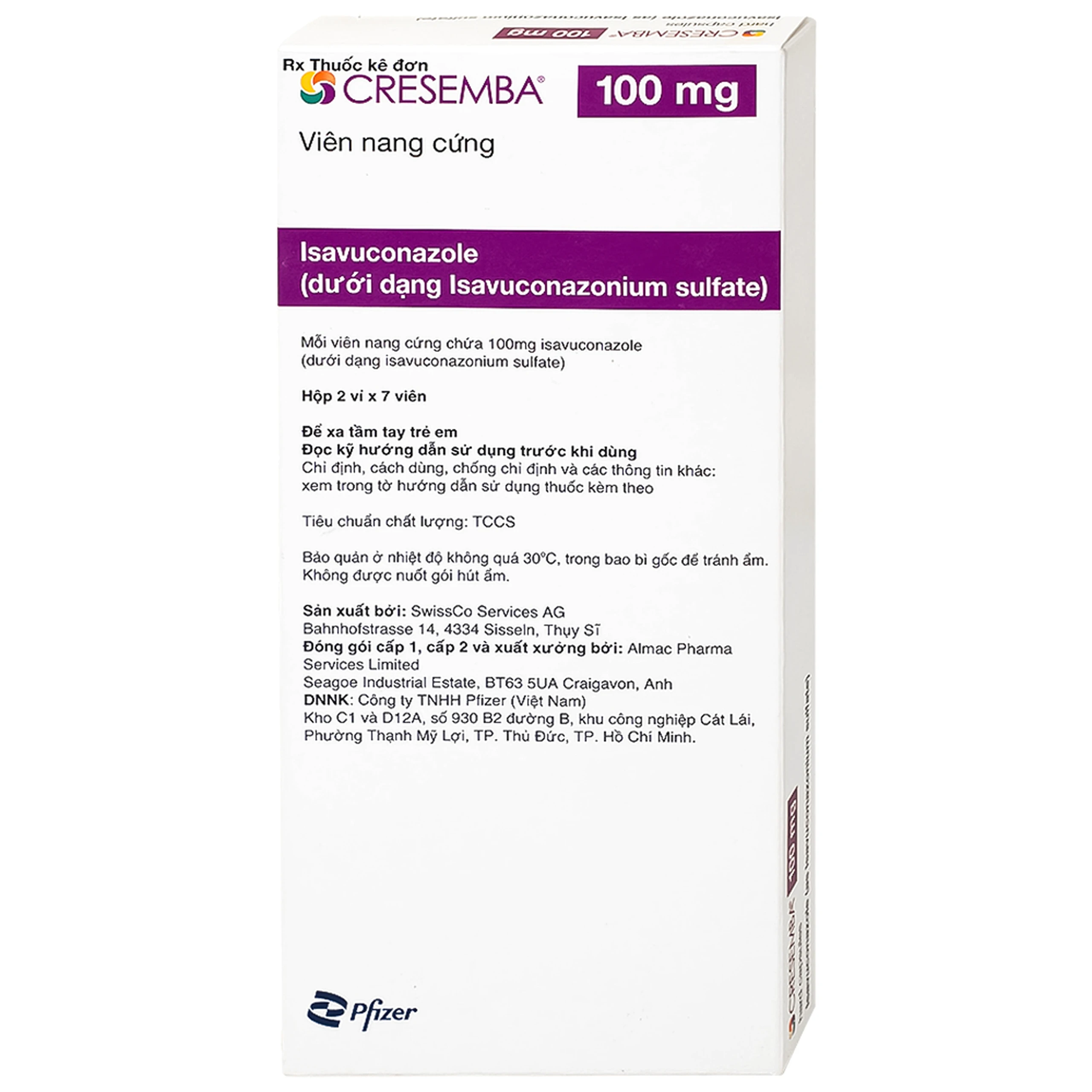 Thuốc Cresemba 100mg Pfizer điều trị nhiễm nấm Aspergillus xâm lấn và nhiễm nấm Mucorales (2 vỉ x 7 viên)