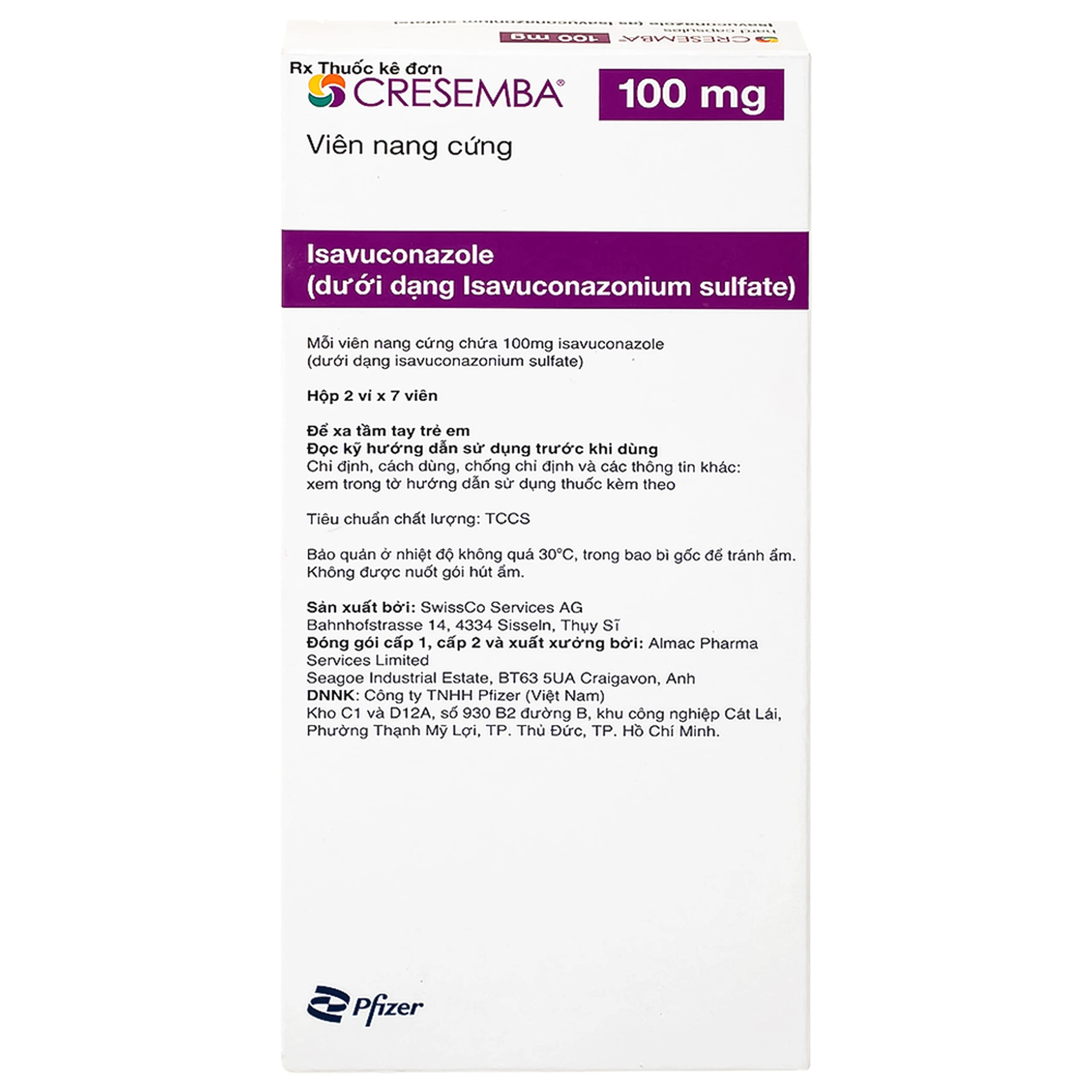 Thuốc Cresemba 100mg Pfizer điều trị nhiễm nấm Aspergillus xâm lấn và nhiễm nấm Mucorales (2 vỉ x 7 viên)