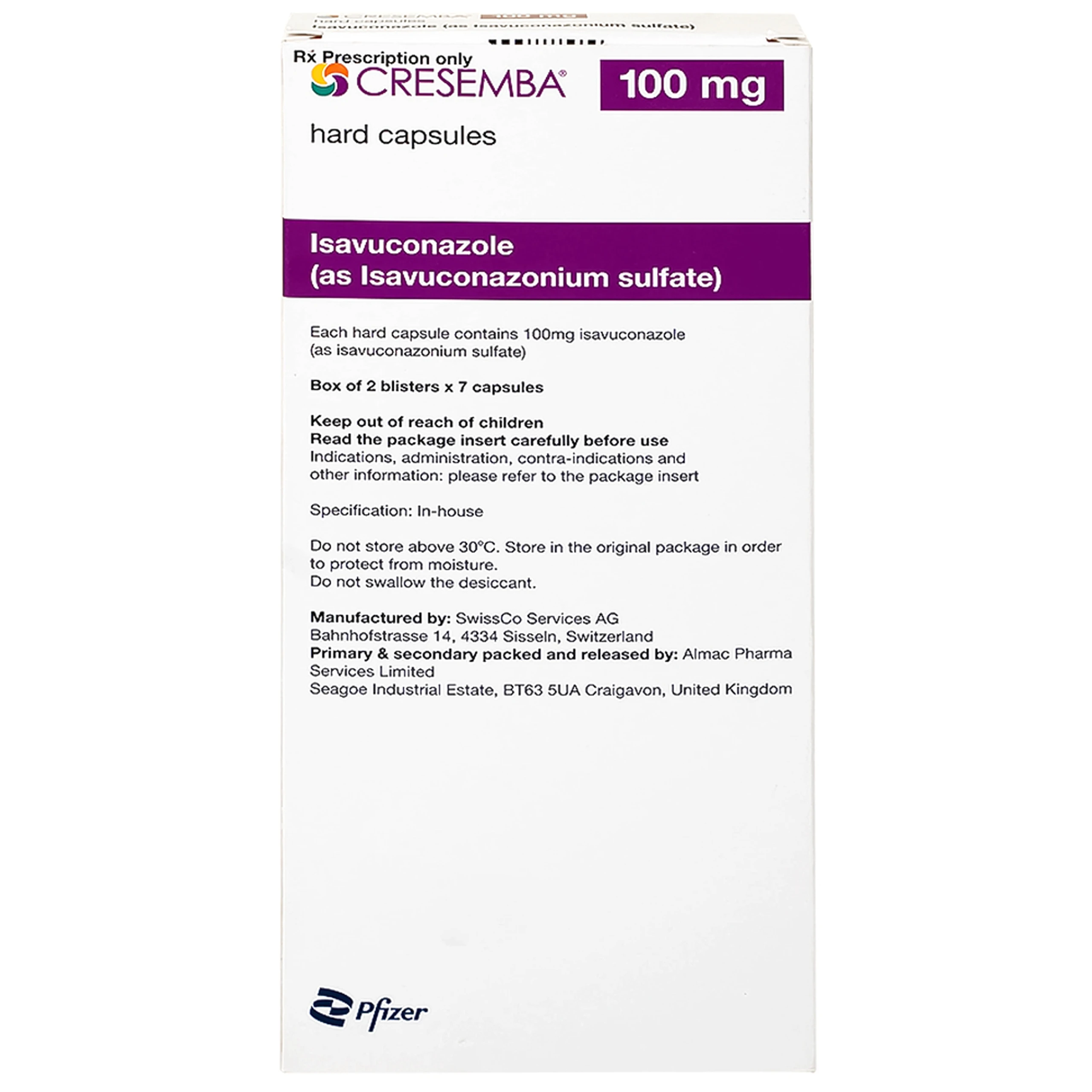 Thuốc Cresemba 100mg Pfizer điều trị nhiễm nấm Aspergillus xâm lấn và nhiễm nấm Mucorales (2 vỉ x 7 viên)