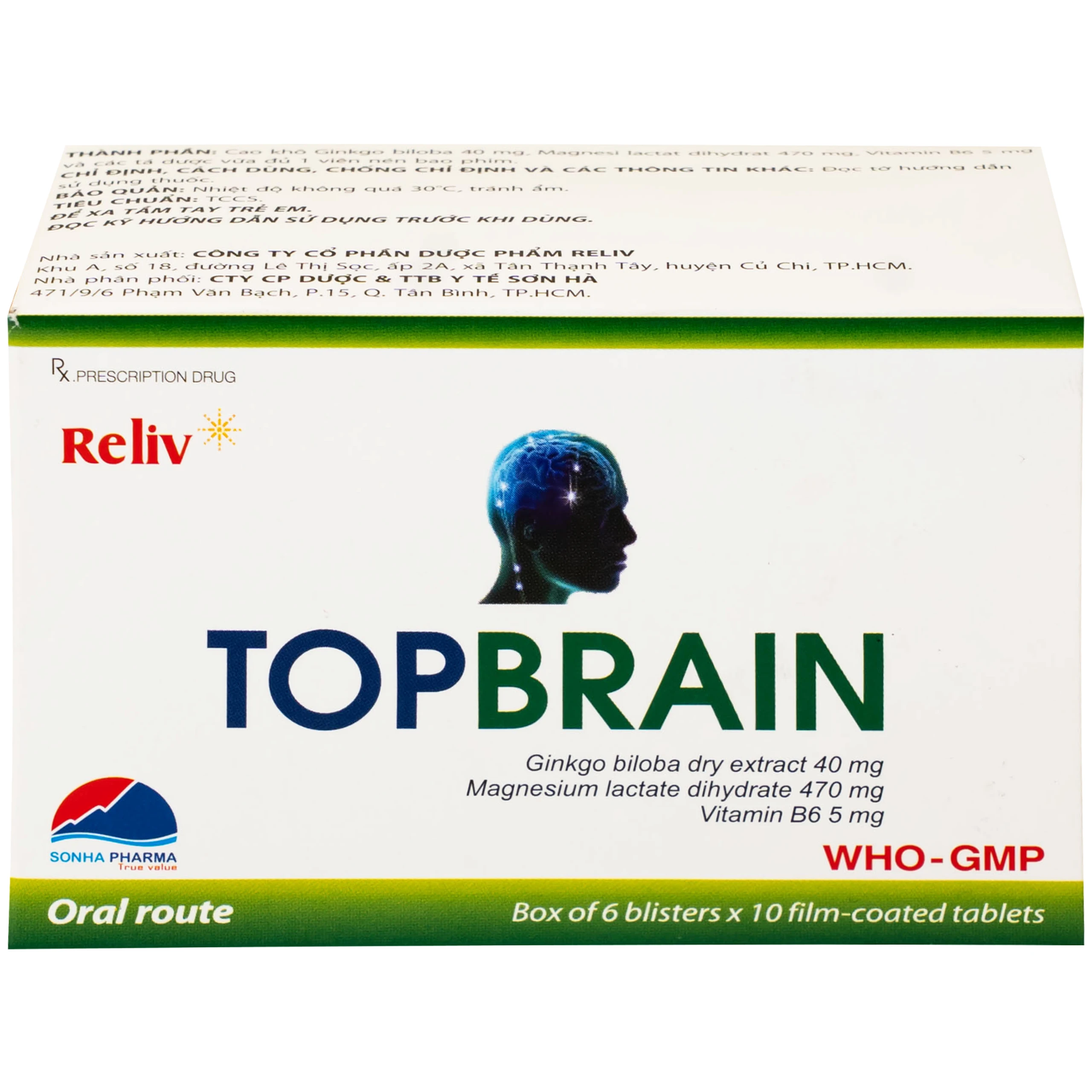 Thuốc Topbrain Reliv điều trị suy nhược thần kinh, giúp tăng tuần hoàn não, tăng cường trí nhớ (6 vỉ x 10 viên)