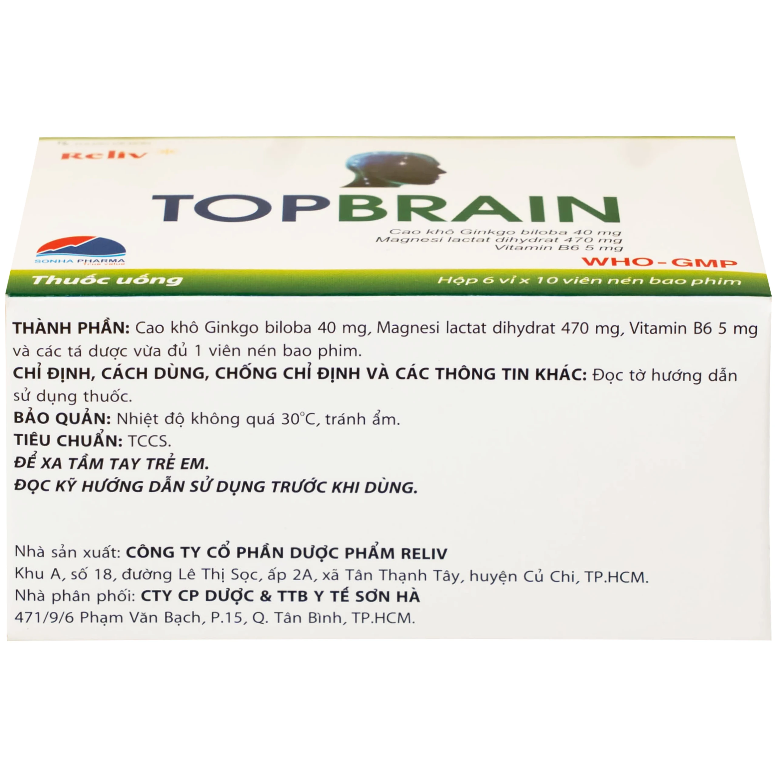 Thuốc Topbrain Reliv điều trị suy nhược thần kinh, giúp tăng tuần hoàn não, tăng cường trí nhớ (6 vỉ x 10 viên)