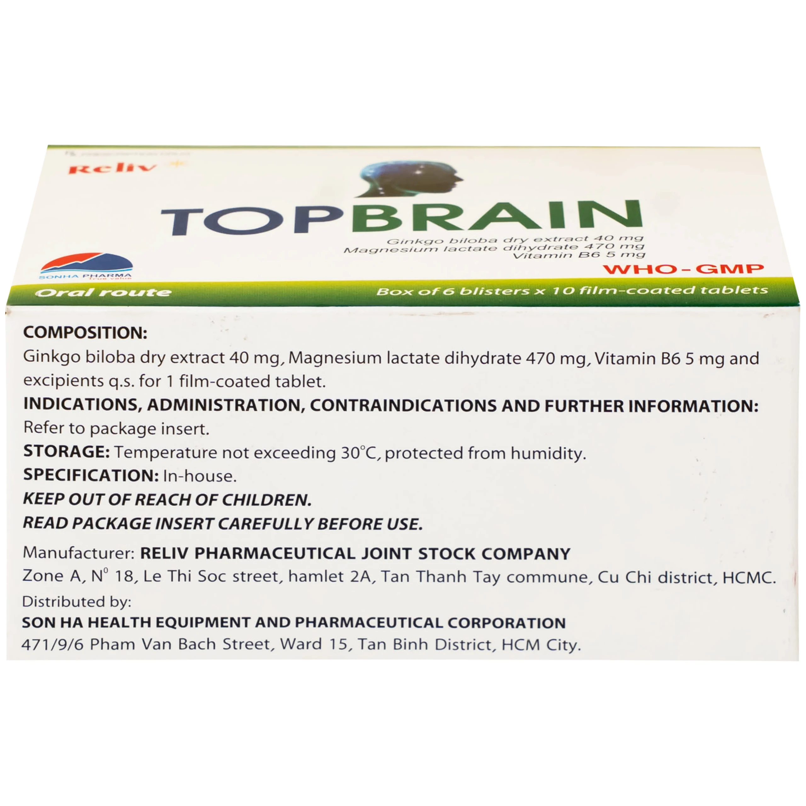 Thuốc Topbrain Reliv điều trị suy nhược thần kinh, giúp tăng tuần hoàn não, tăng cường trí nhớ (6 vỉ x 10 viên)