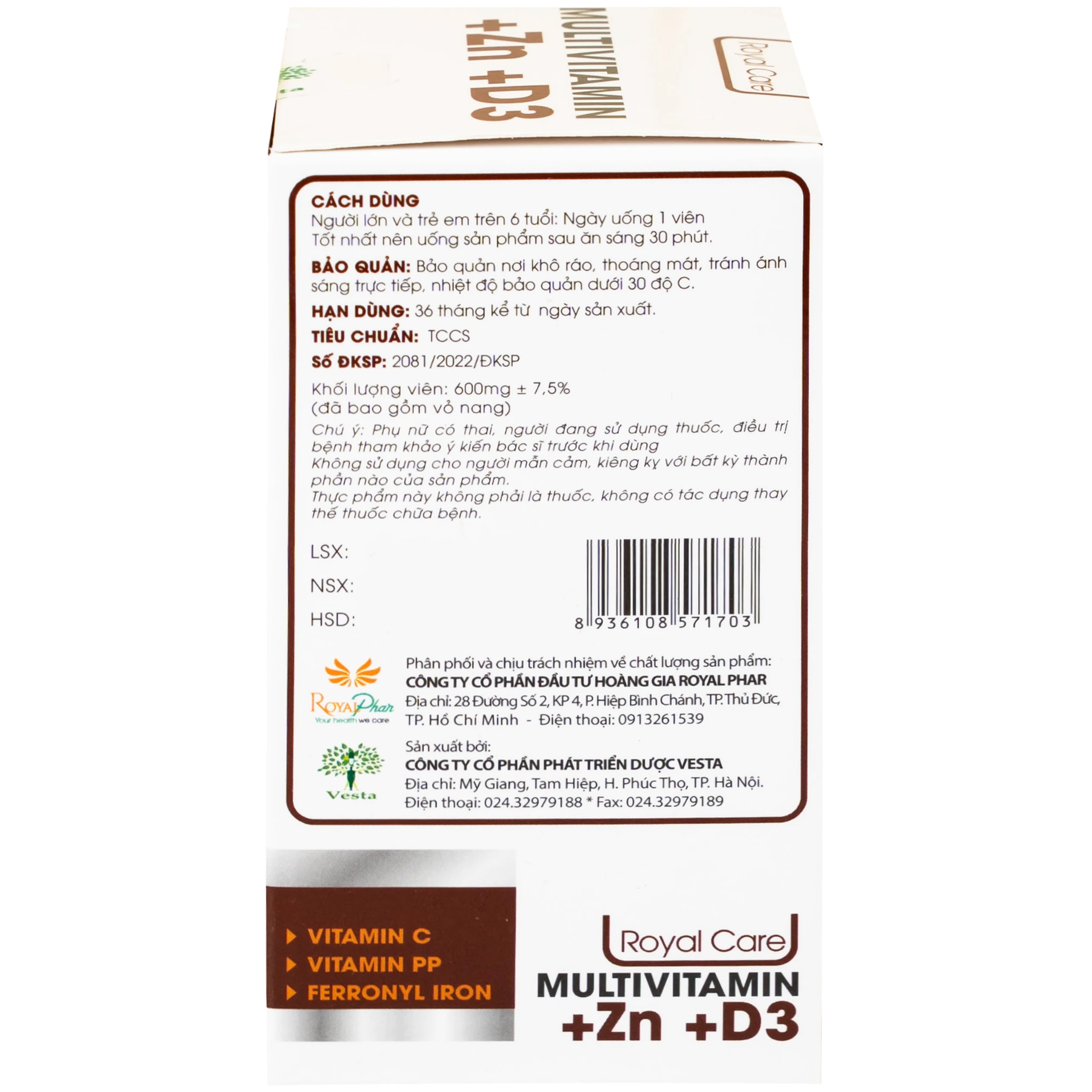 Viên uống hỗ trợ tăng cường sức khỏe nâng cao sức đề kháng Multivitamin +Zn +D3 Royal Care (60 viên)