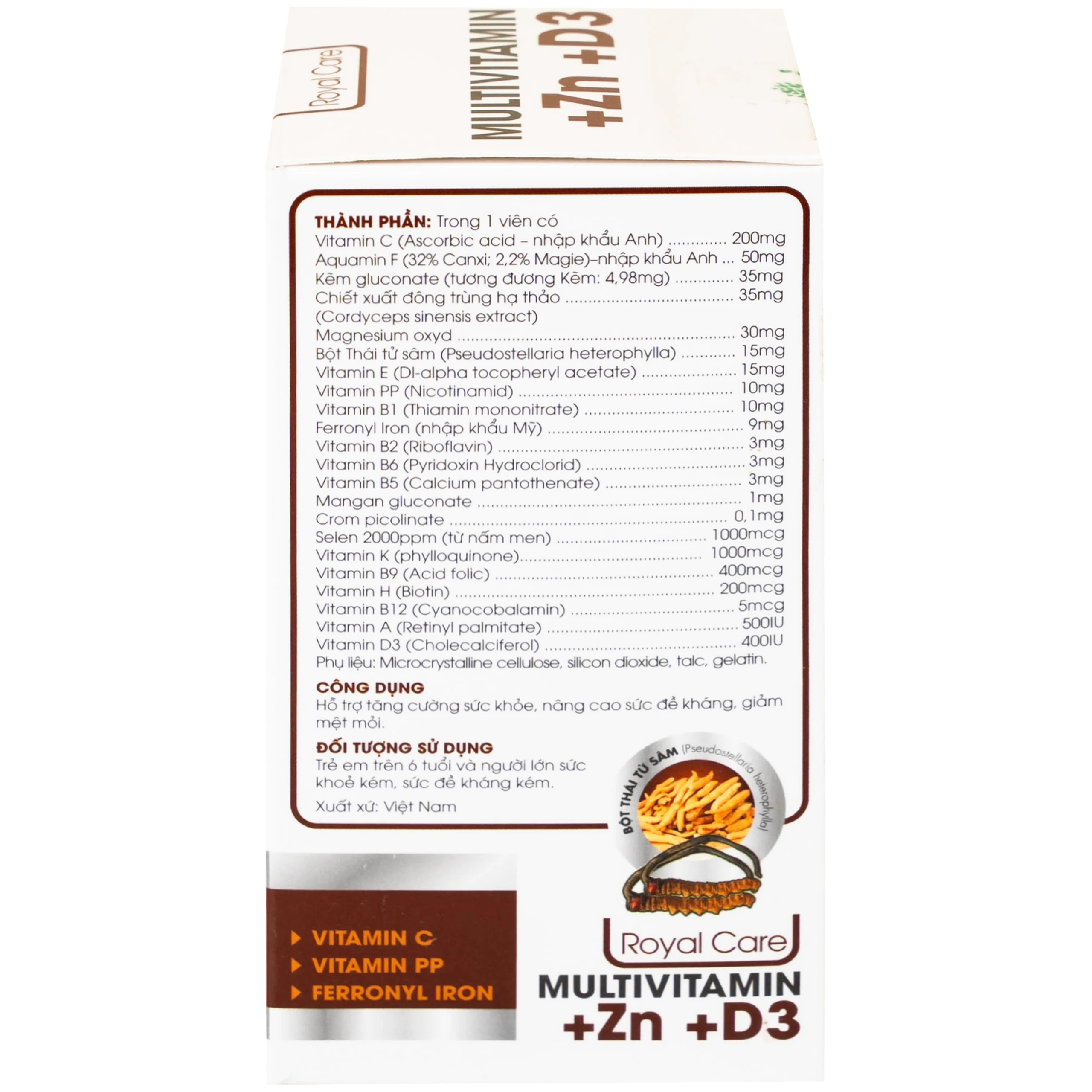 Viên uống hỗ trợ tăng cường sức khỏe nâng cao sức đề kháng Multivitamin +Zn +D3 Royal Care (60 viên)