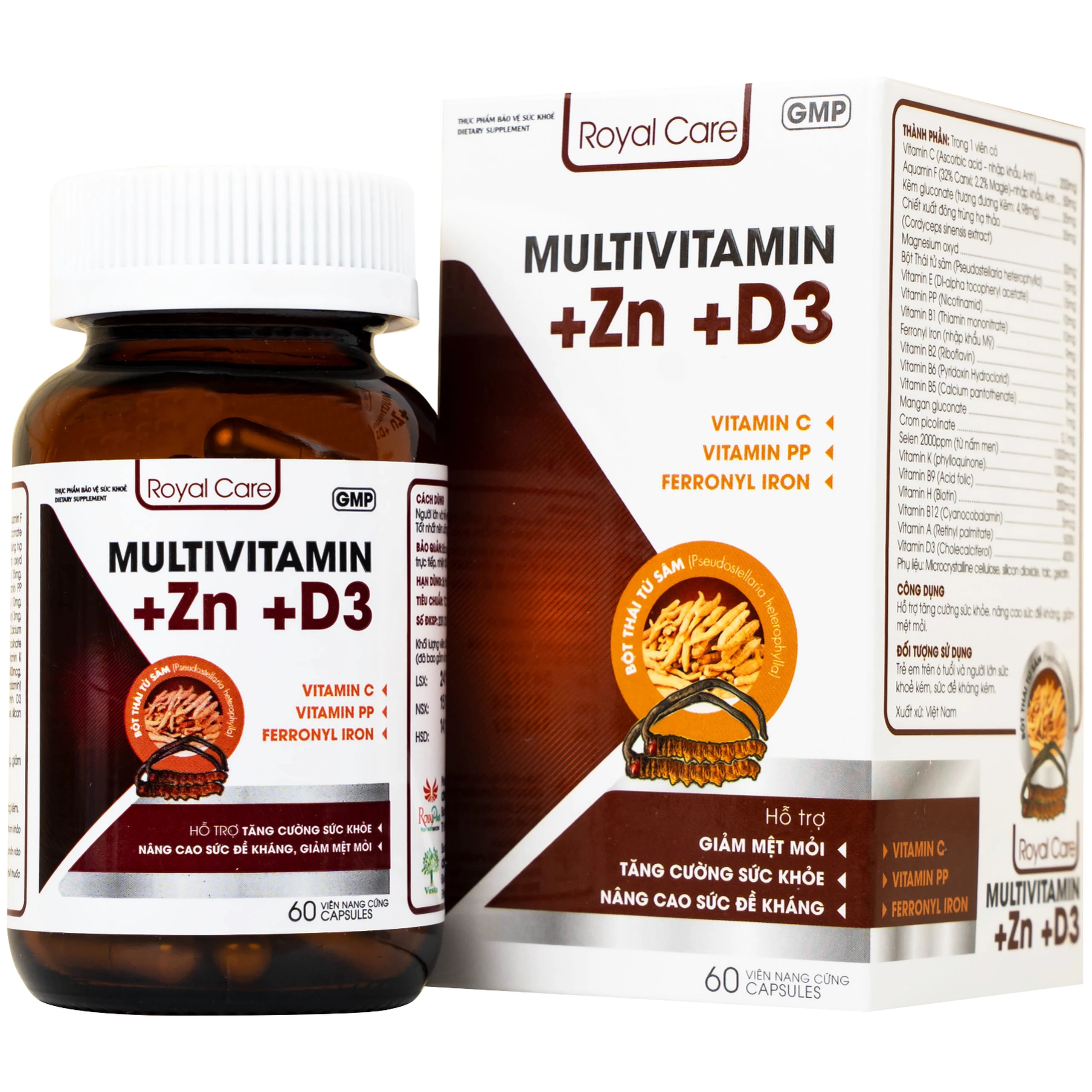 Viên uống hỗ trợ tăng cường sức khỏe nâng cao sức đề kháng Multivitamin +Zn +D3 Royal Care (60 viên)