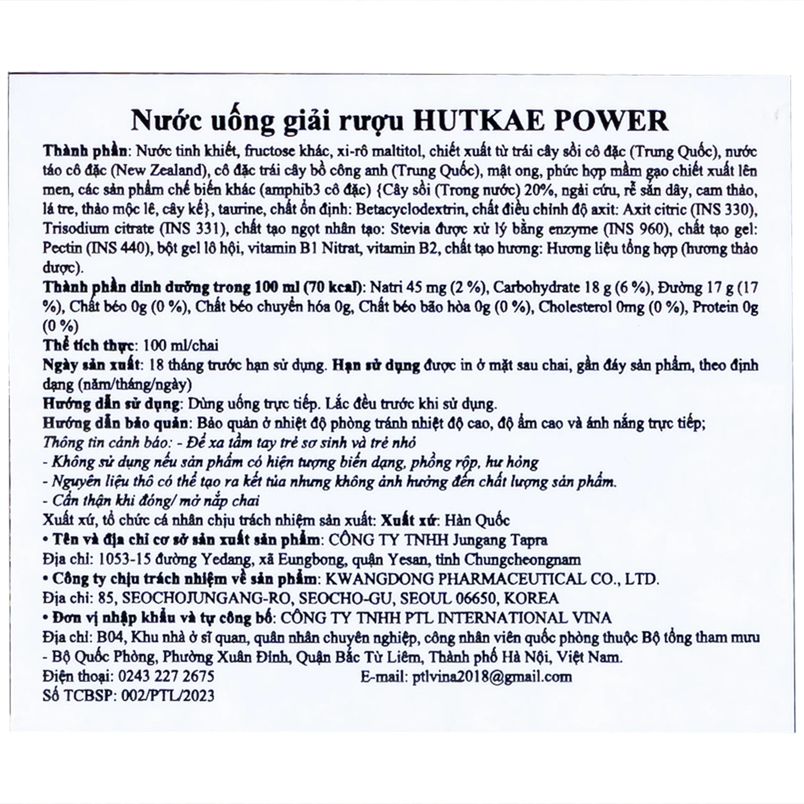 Nước Uống Giải Rượu Hutkae Powder Kwangdong (10 chai x 100ml)