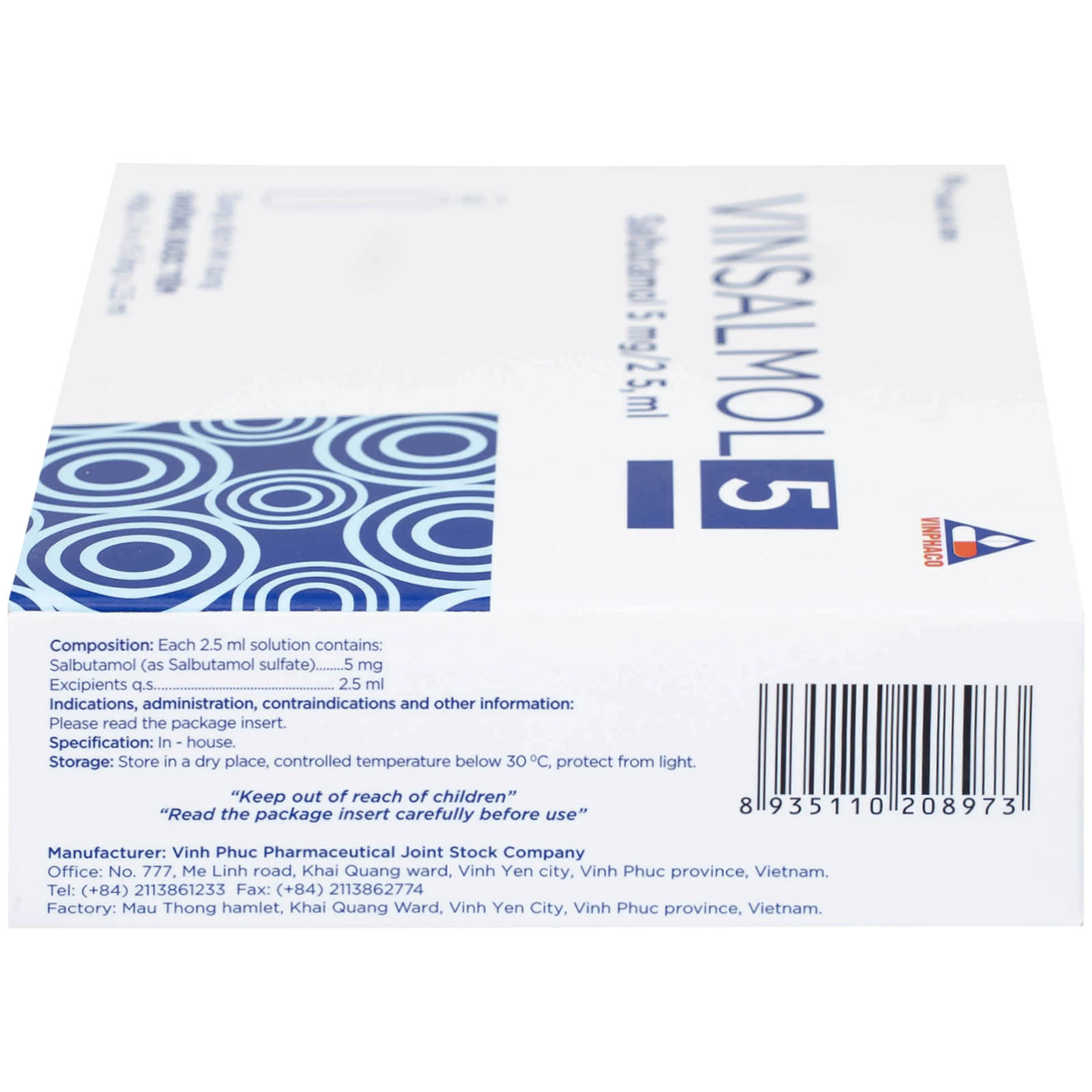 Dung dịch khí dung Vinsalmol 5mg/2.5ml Vinphaco trị triệu chứng hen cấp tính, đợt kịch phát hen (2 vỉ x 5 ống)