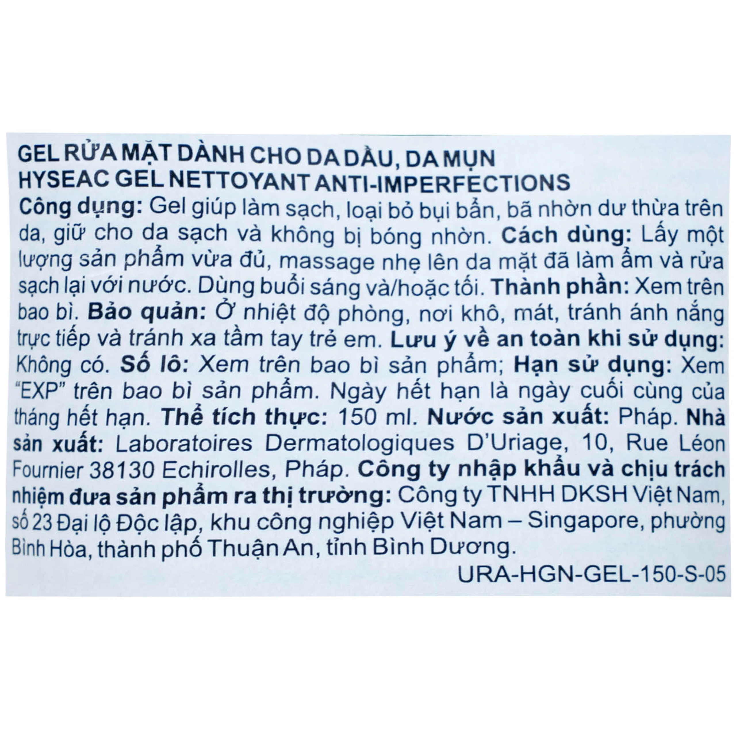 Gel rửa mặt da hỗn hợp Uriage Hyséac Gel Nettoyant 150ml