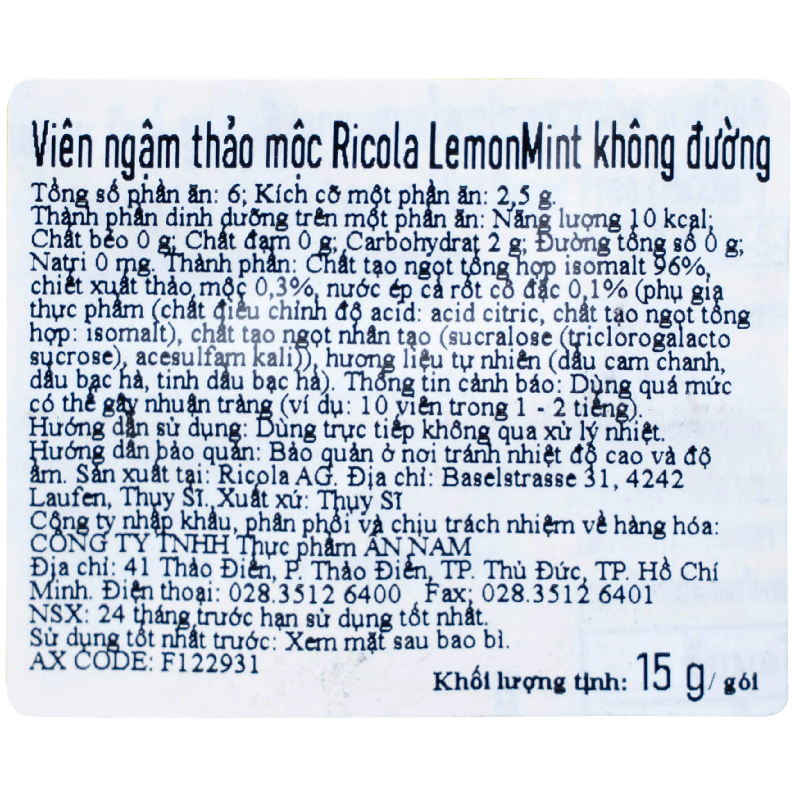 Kẹo Ngậm Ho Không Đường Chanh Bạc Hà Ricola Lemon Mint (17.5g)