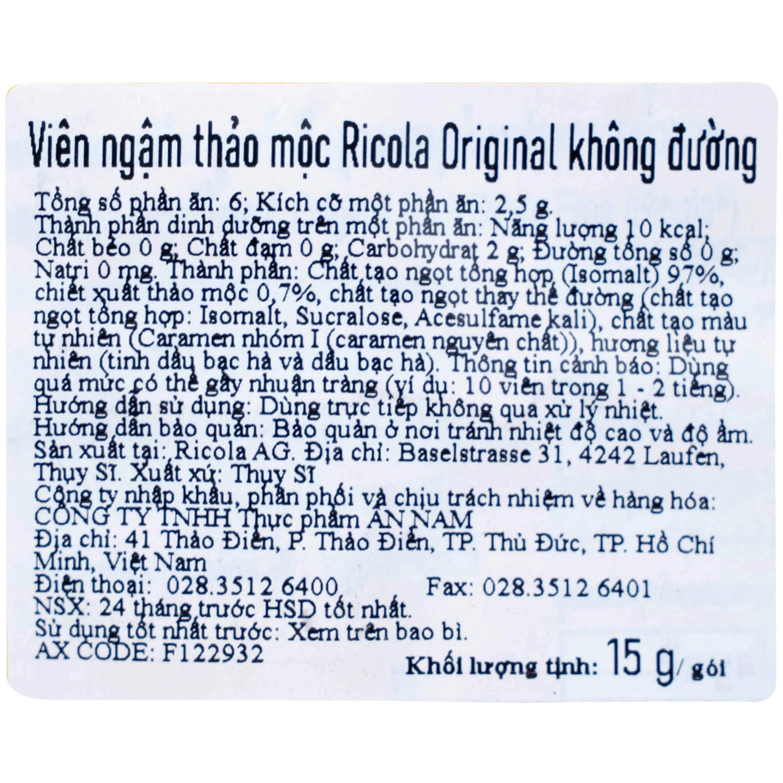 Kẹo Ngậm Ho Không Đường Thảo Mộc Ricola Original Herb (17.5g)
