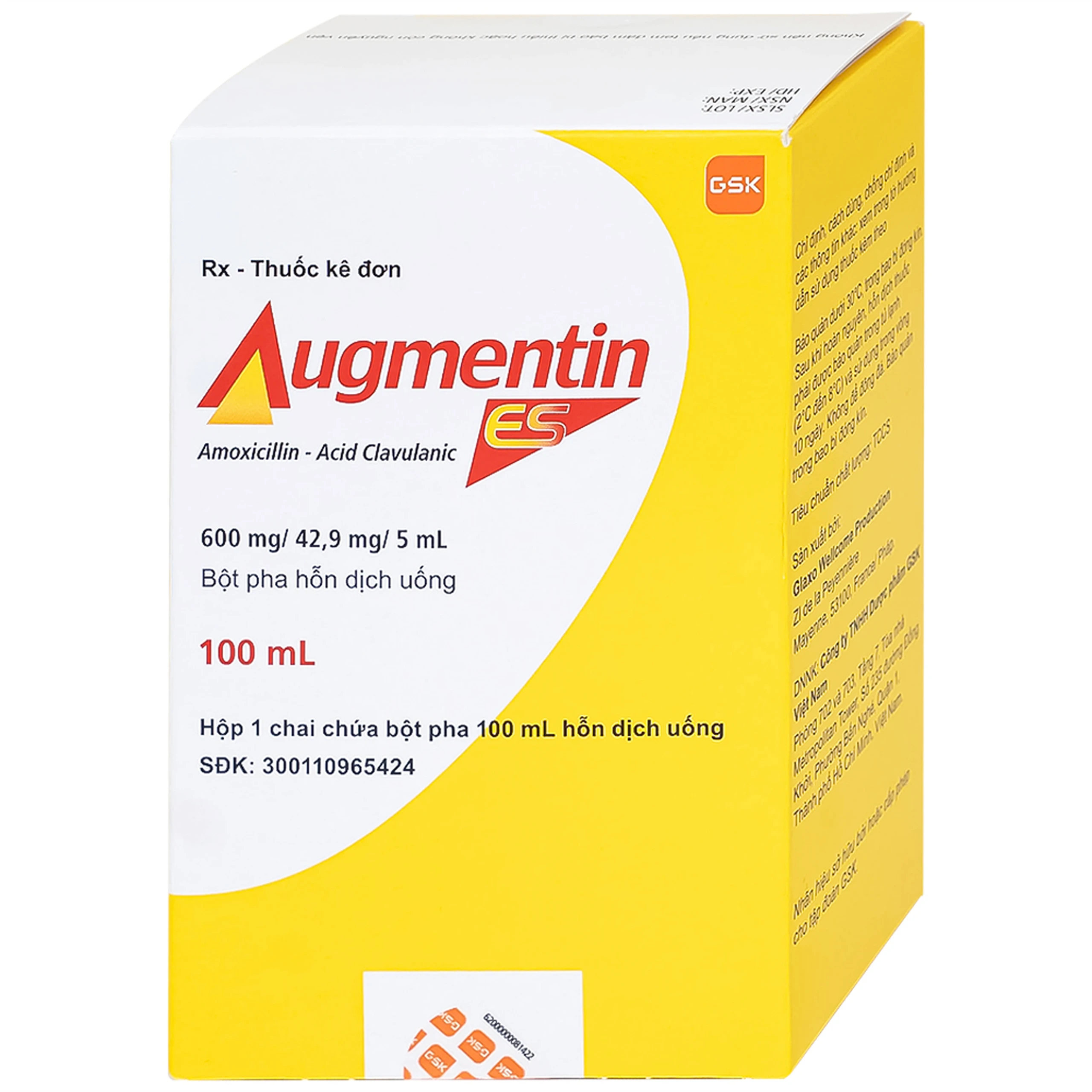 Bột pha hỗn dịch uống Augmentin ES GSK điều trị các nhiễm trùng do vi khuẩn gây ra ở trẻ (100ml)