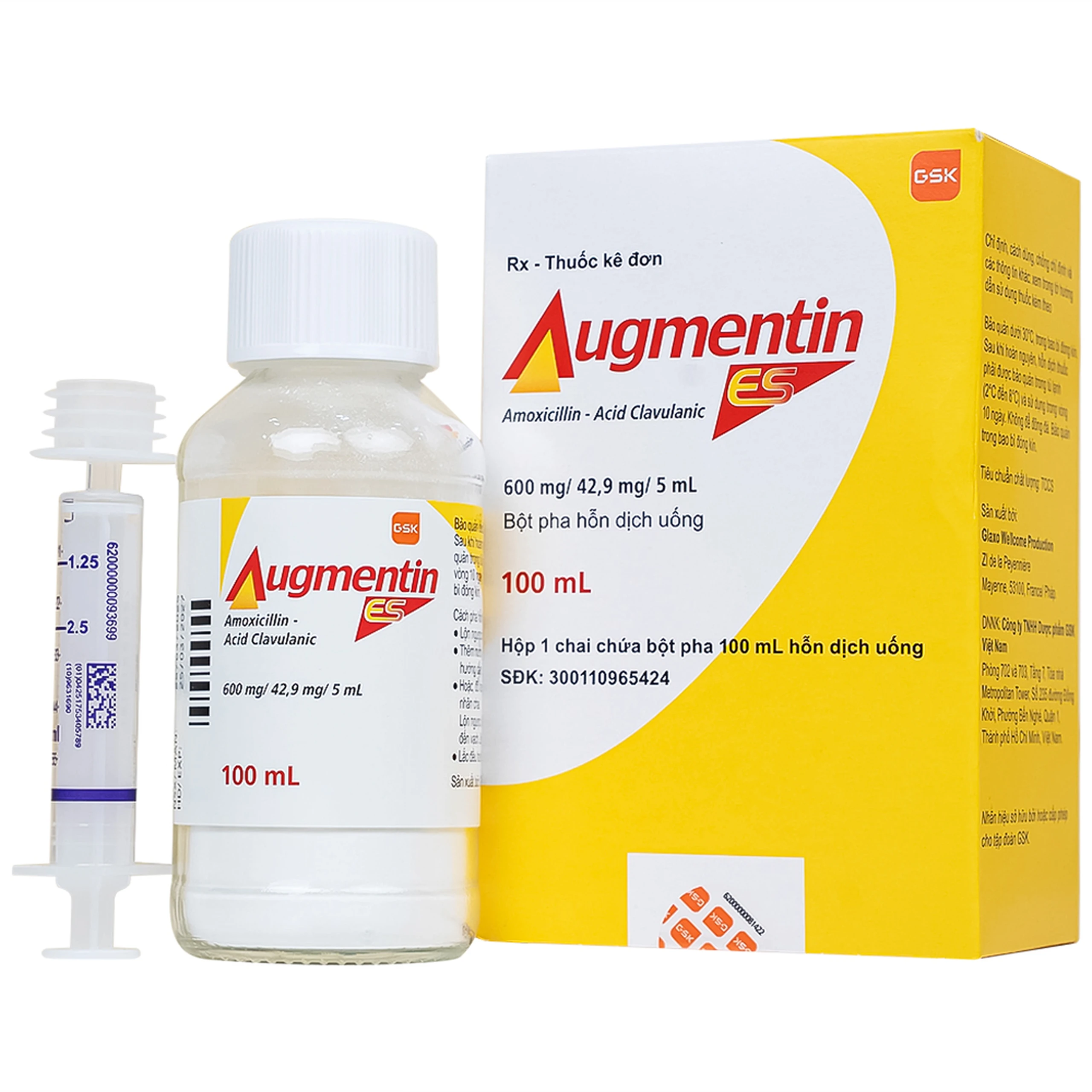 Bột pha hỗn dịch uống Augmentin ES GSK điều trị các nhiễm trùng do vi khuẩn gây ra ở trẻ (100ml)
