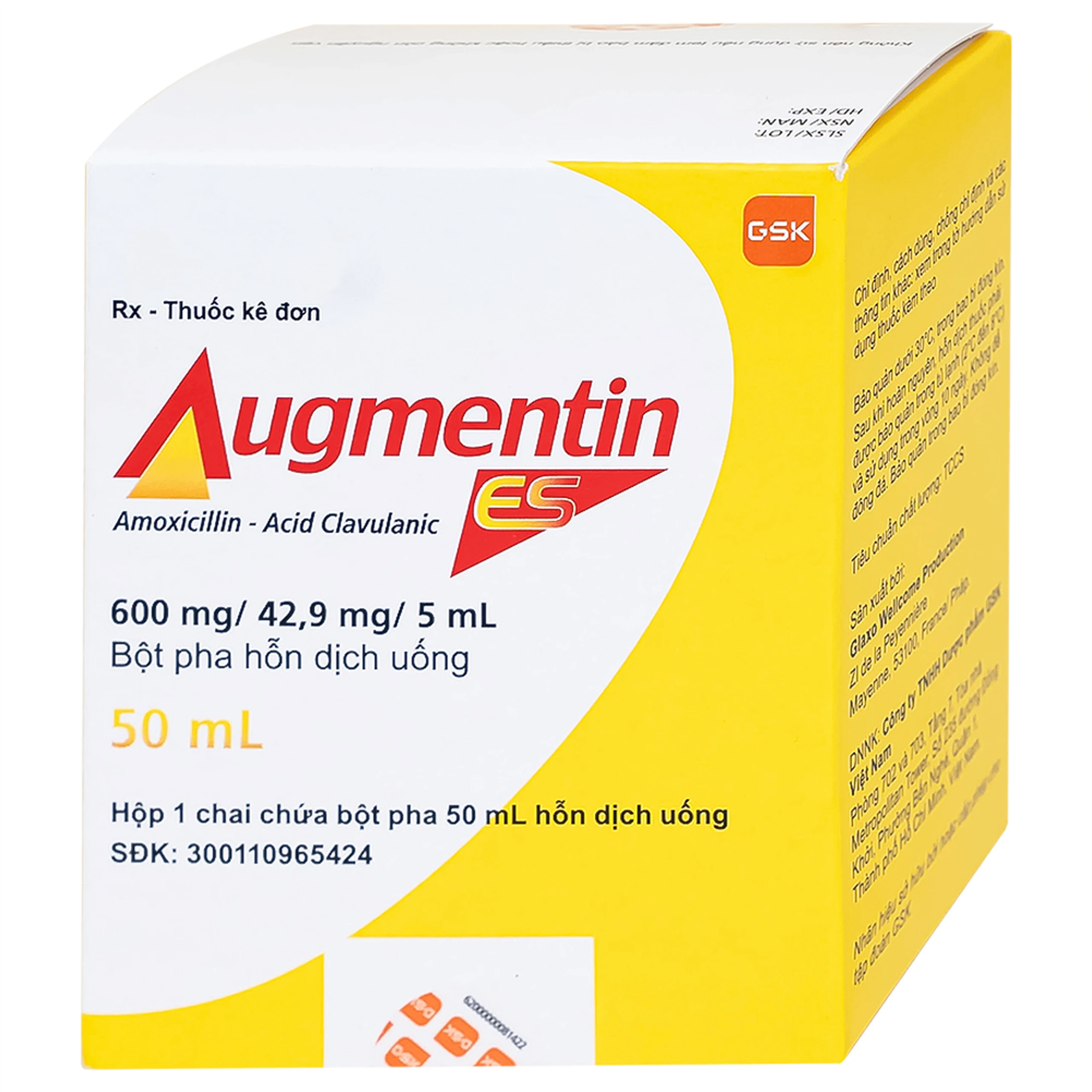 Bột pha hỗn dịch uống Augmentin ES GSK điều trị các nhiễm trùng do vi khuẩn gây ra ở trẻ (50ml)