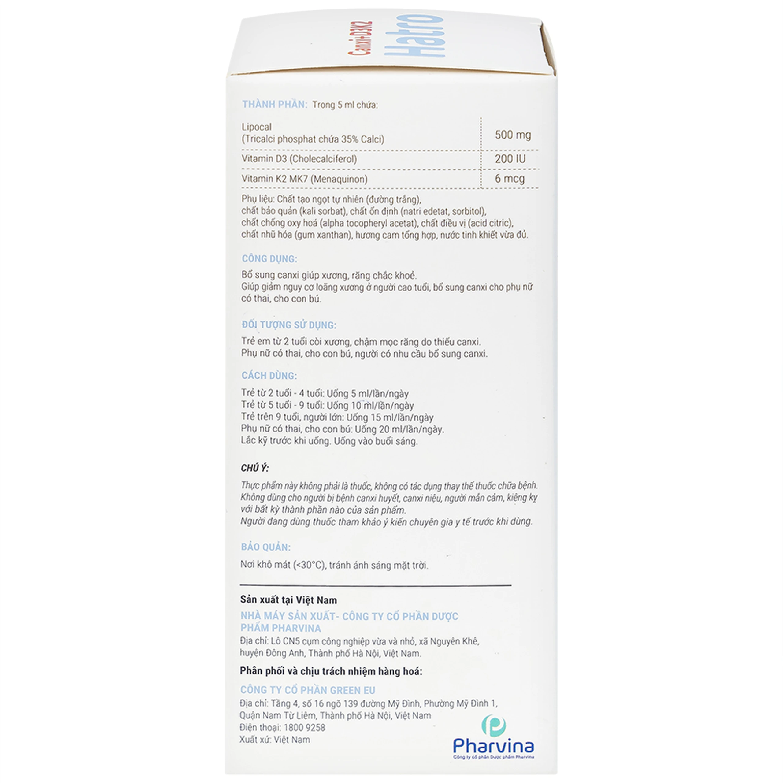 Siro bổ sung canxi giúp xương răng chắc khỏe Canxi + D3K2 Hatro (120ml)