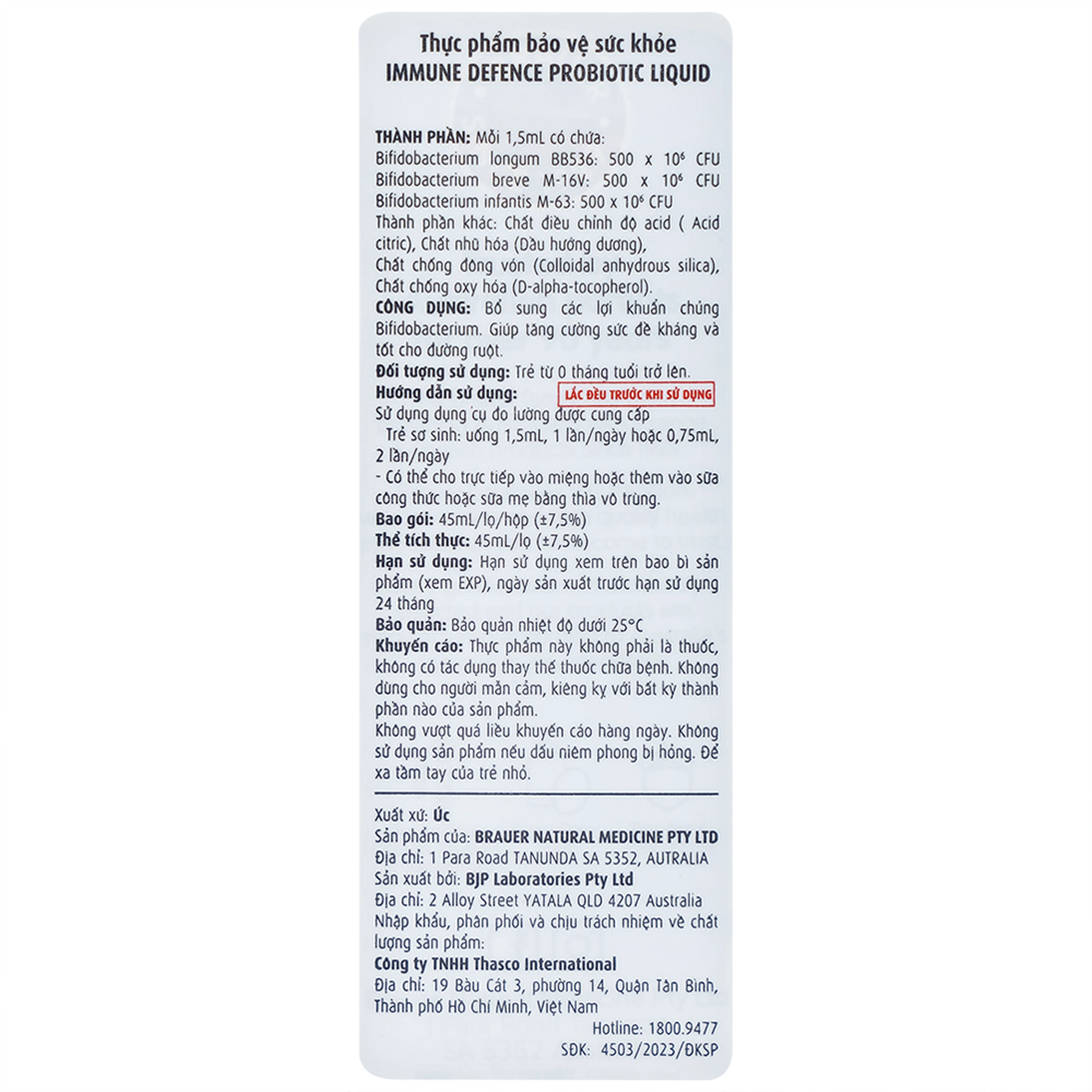 Siro giúp bổ sung lợi khuẩn, tốt cho đường ruột Immune Defence Probiotic Liquid Brauer (45ml)