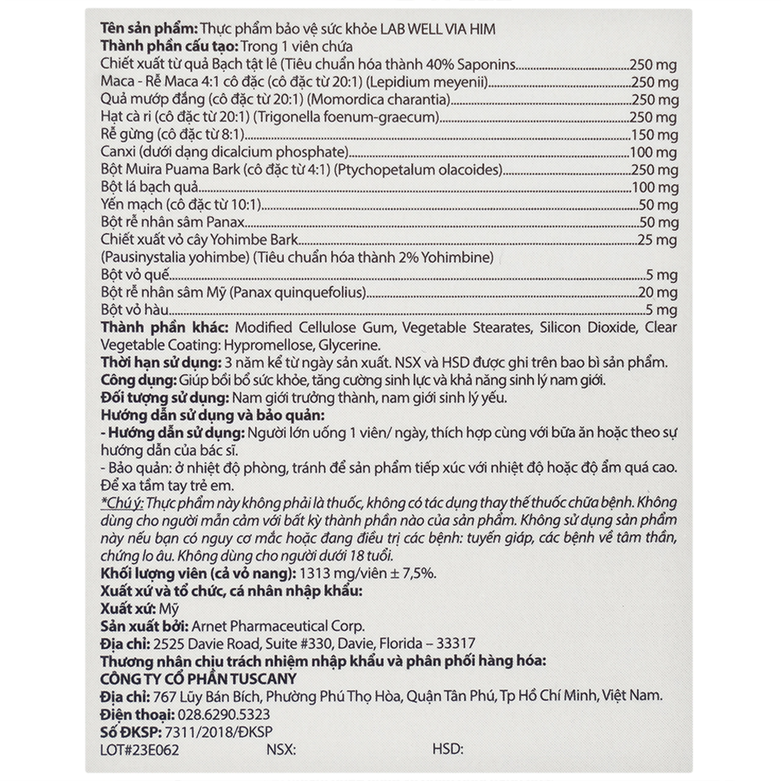 Viên uống giúp tăng cường sinh lực và khả năng sinh lý nam Via Him Lab Well (30 viên)