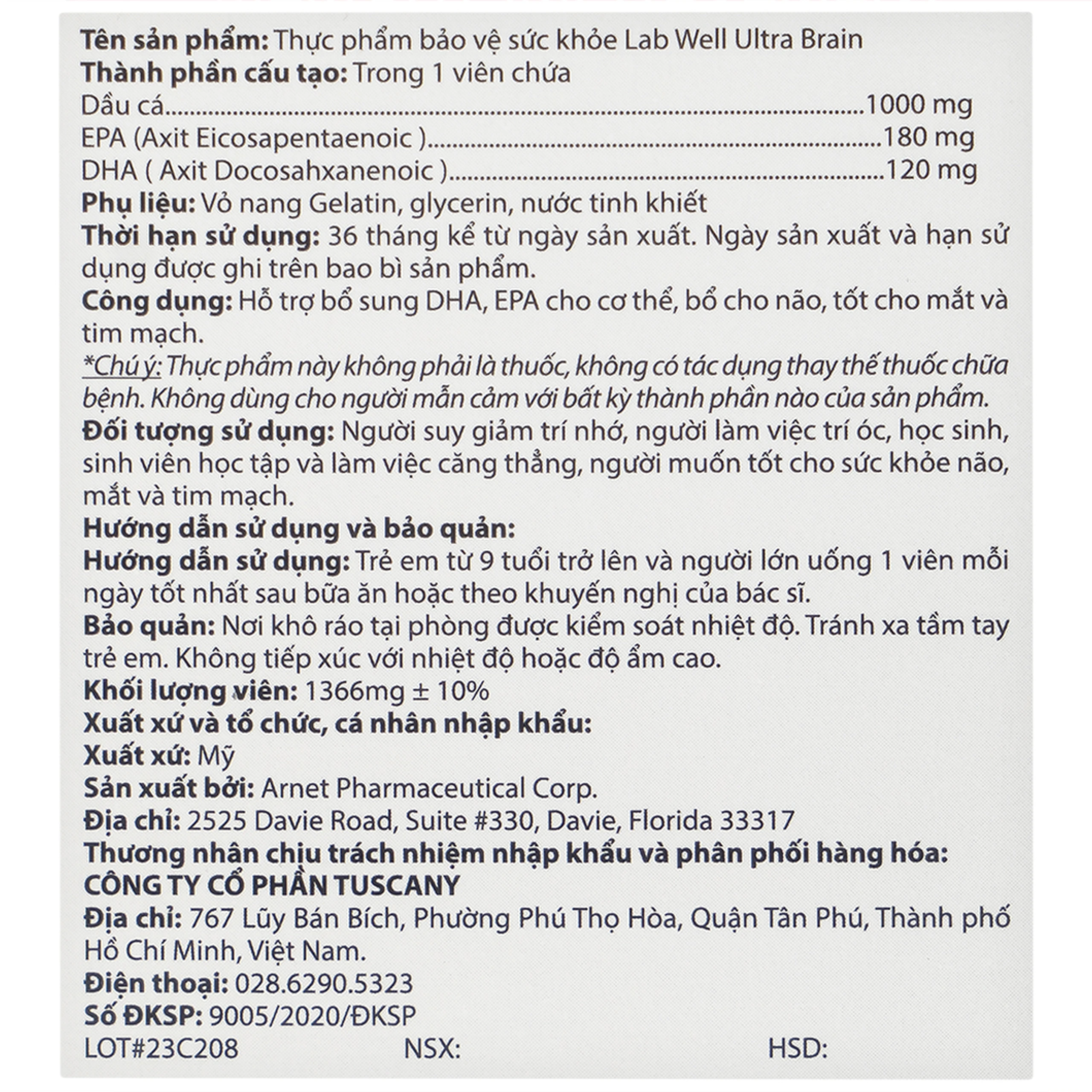 Viên uống bổ não, tốt cho mắt và tim mạch Ultra Brain Lab Well (60 viên)