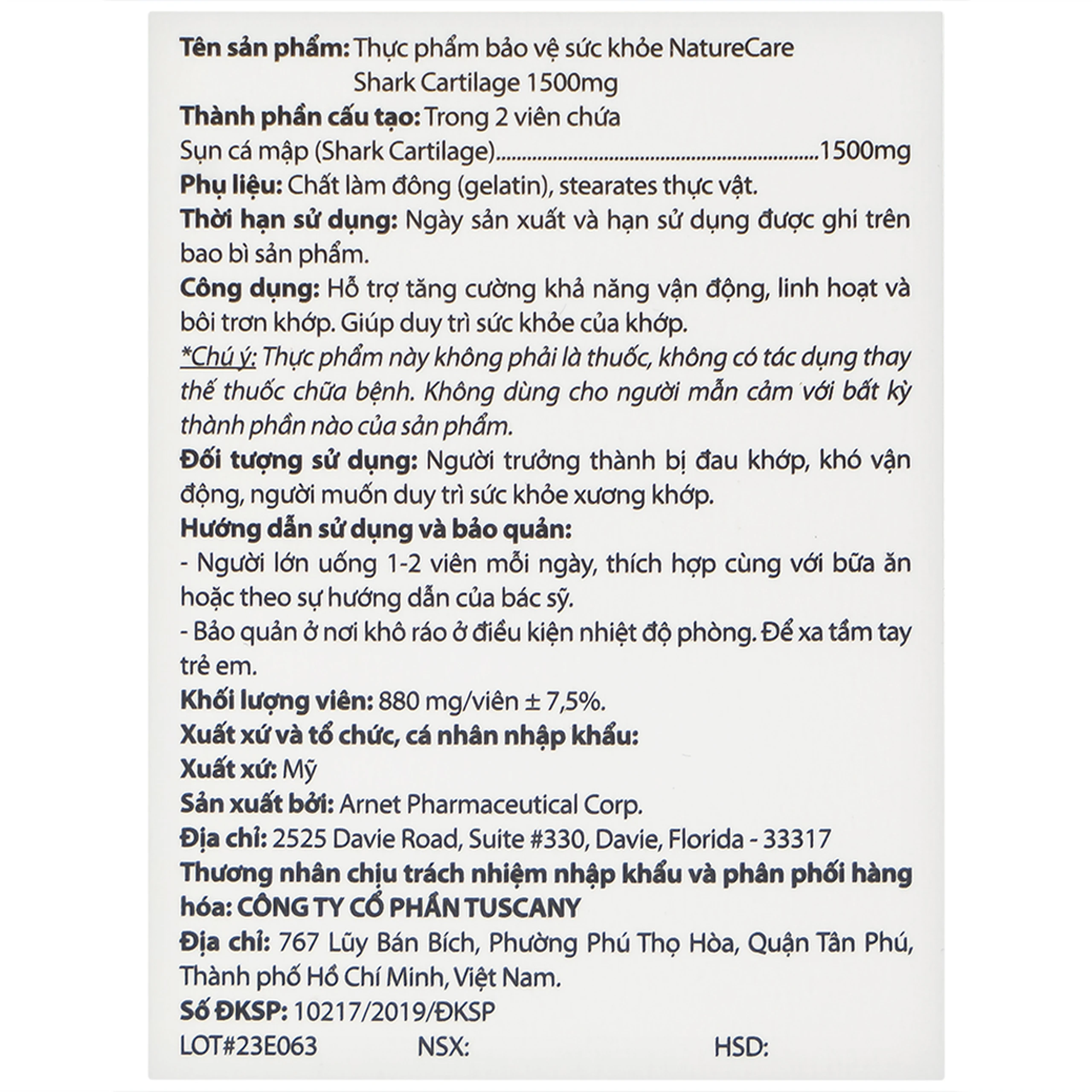 Viên uống hỗ trợ bôi trơn khớp, duy trì sức khỏe của khớp Shark Cartilage NatureCare (60 viên)