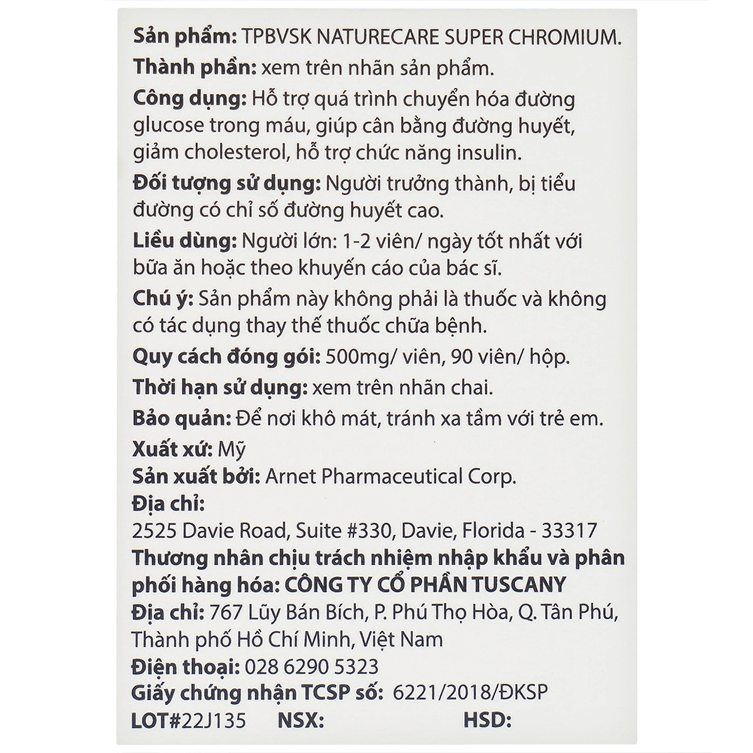 Viên uống giúp cân bằng đường huyết, giảm cholesterol Super Chromium 250mcg NatureCare (90 viên)