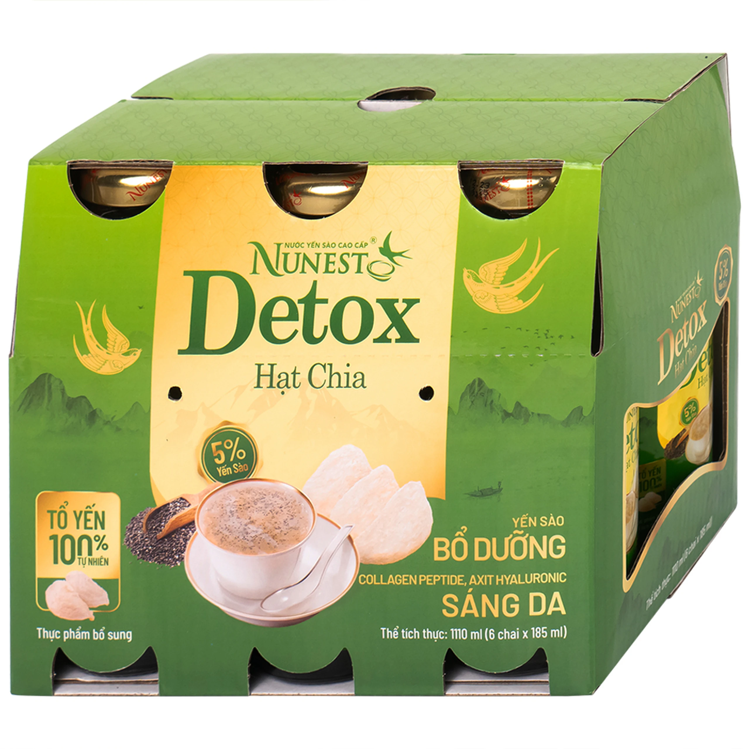 Nước Yến Sào Cao Cấp Nunest Detox Hạt Chia 5% Yến (6 chai x 185ml)