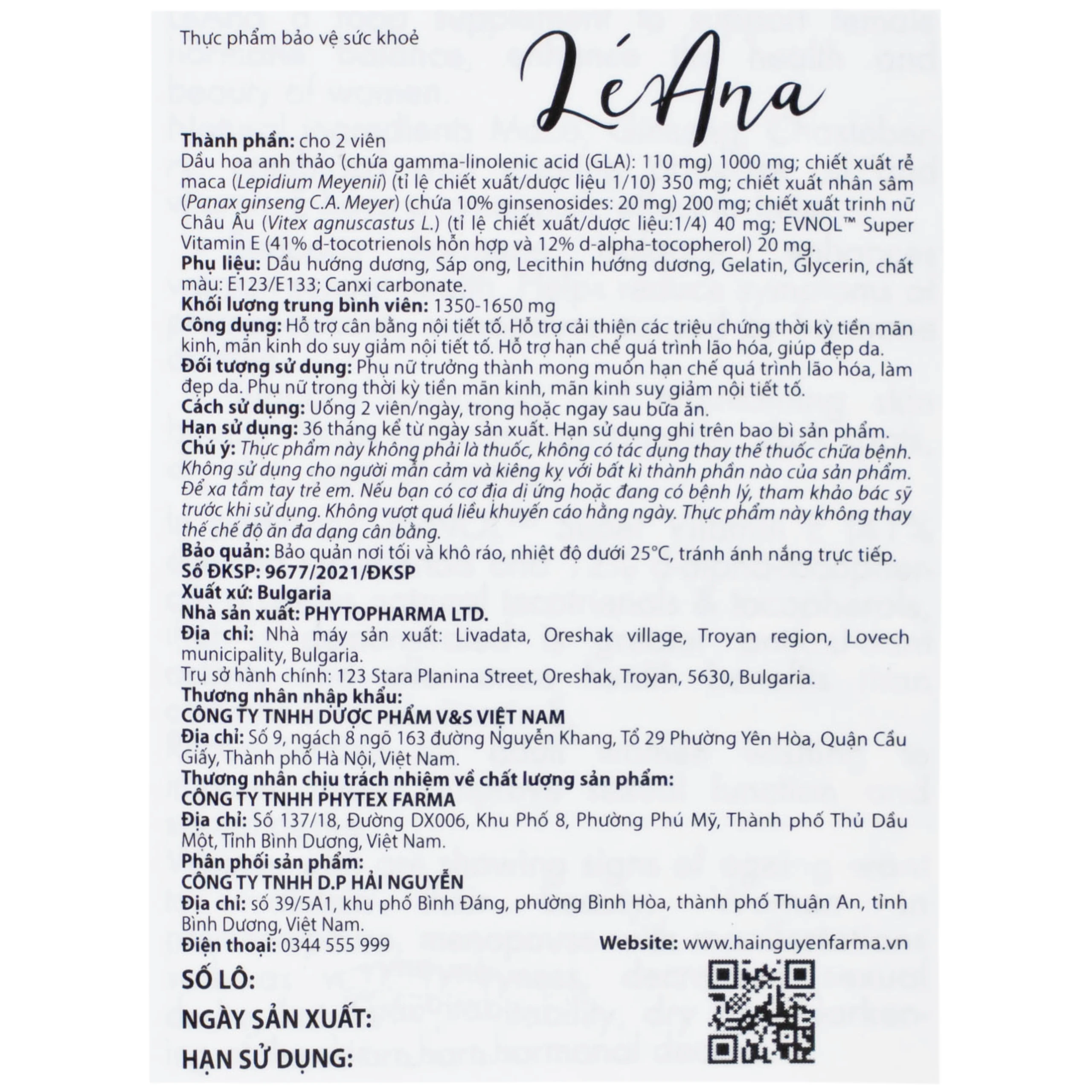 Viên uống hỗ trợ cân bằng nội tiết tố, cải thiện triệu chứng tiền mãn kinh LéAna Ocavill (60 viên)