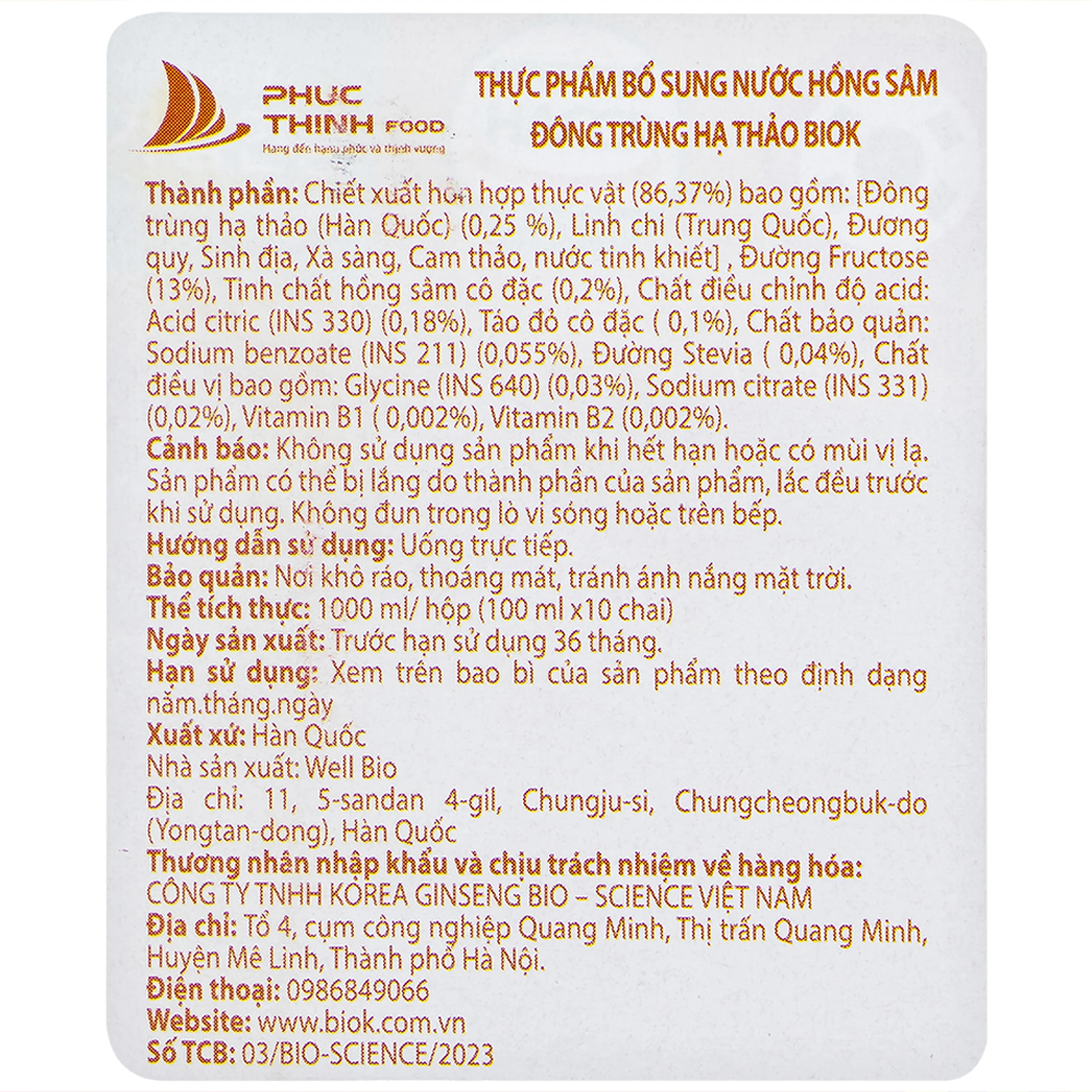Nước Hồng Sâm Đông Trùng Hạ Thảo Biok (10 chai x 100ml)