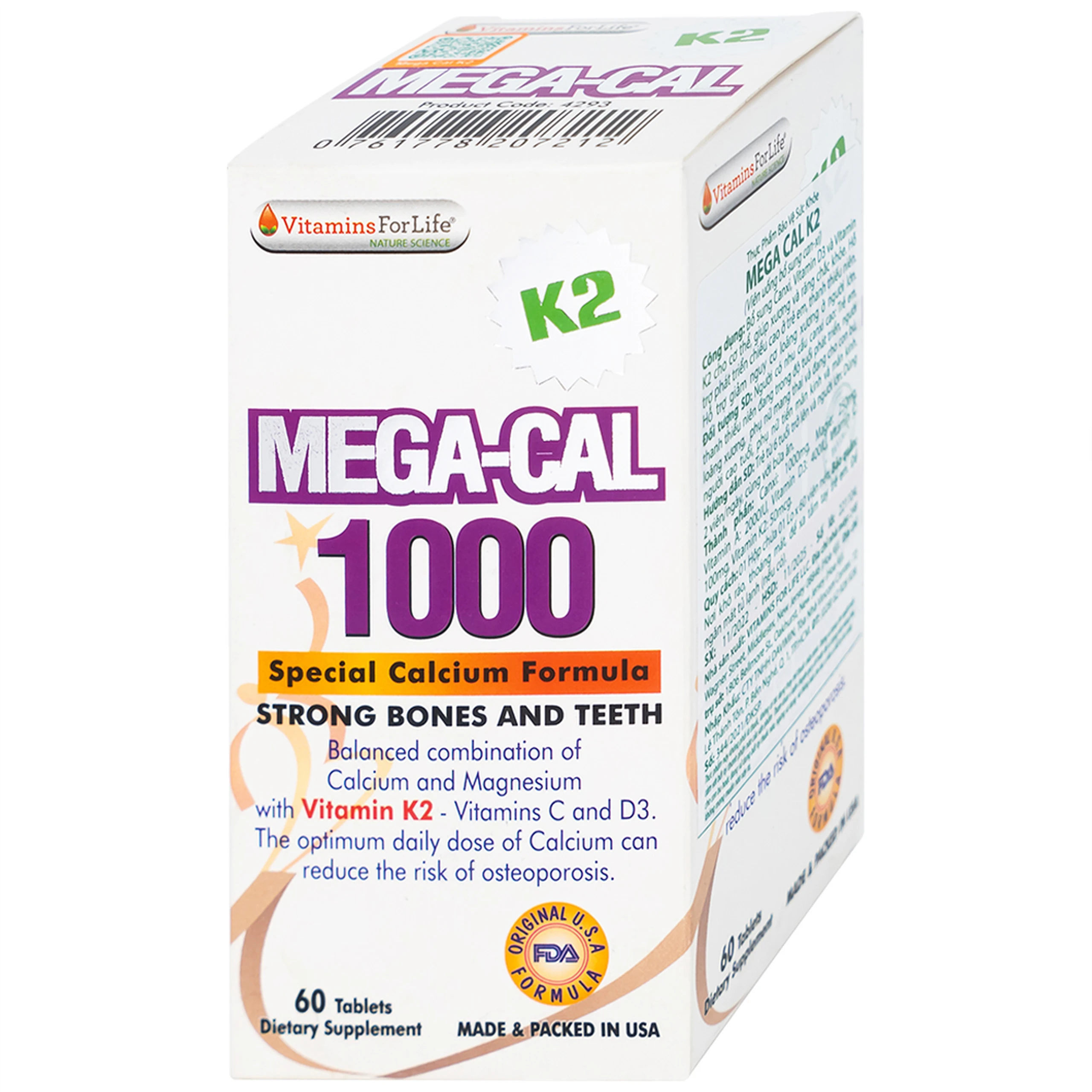 Viên uống bổ sung canxi, chống loãng xương Mega-Cal 1000 Vitamins For Life (60 viên)