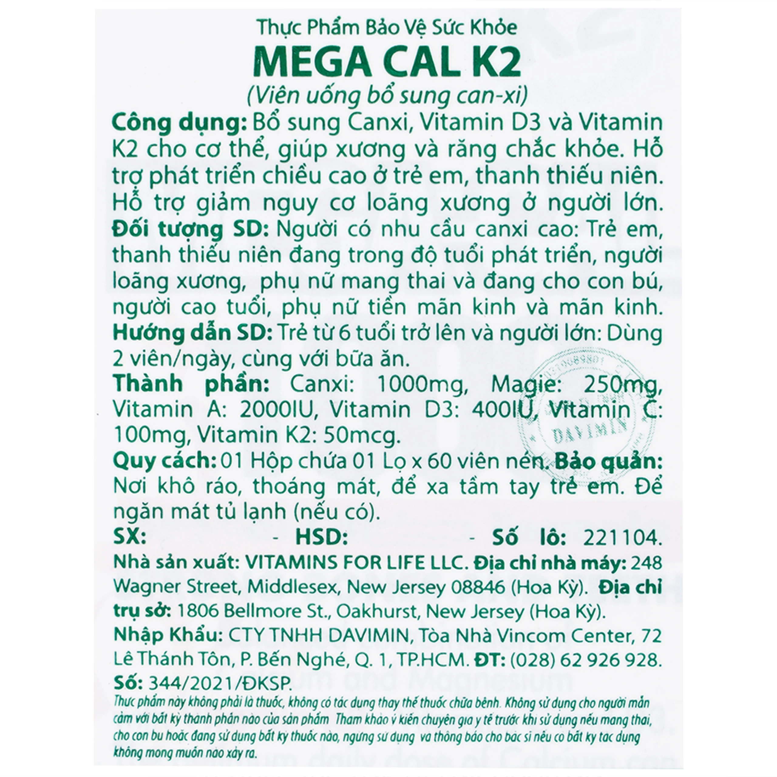 Viên uống bổ sung canxi, chống loãng xương Mega-Cal 1000 Vitamins For Life (60 viên)