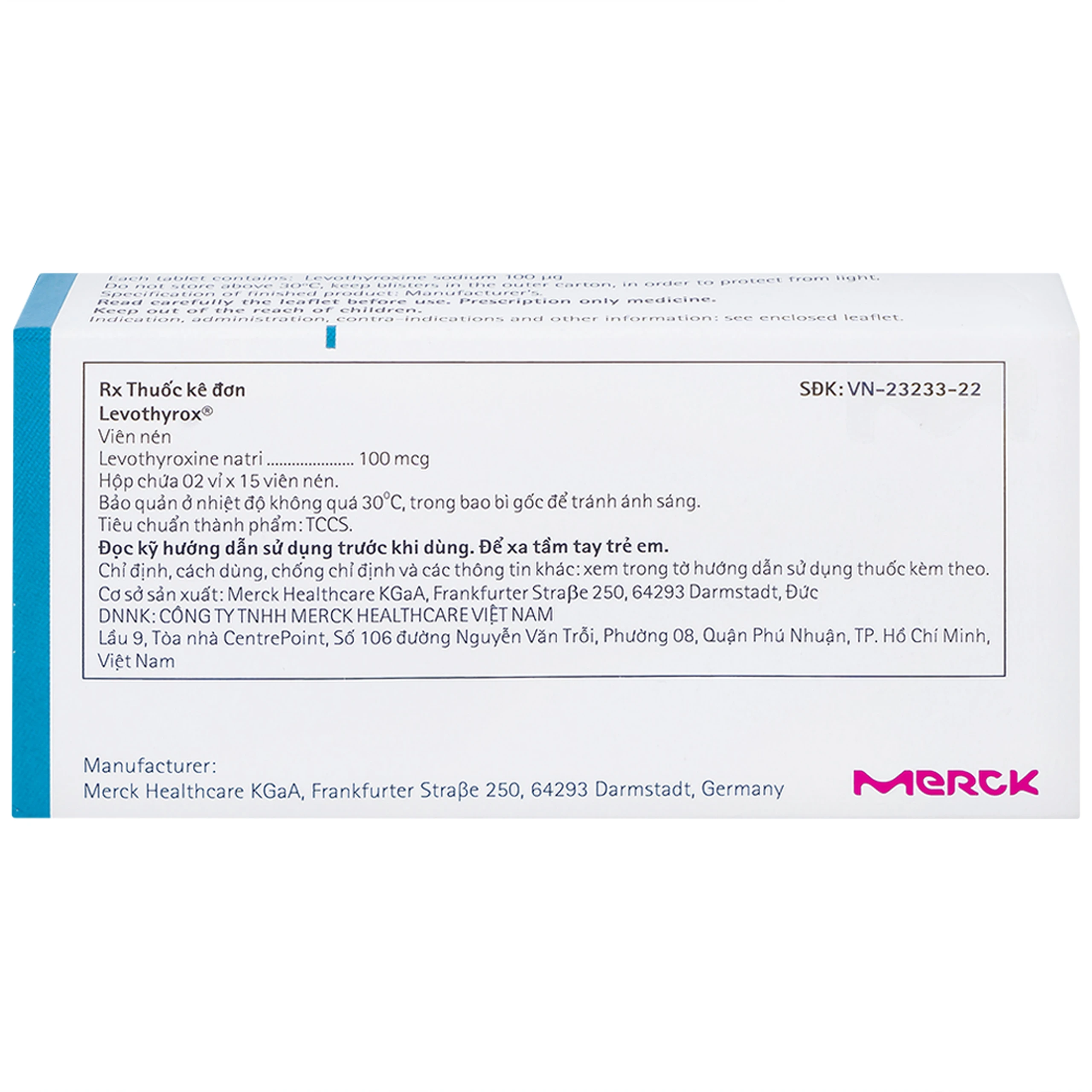 Thuốc Levothyrox 100µg Merck điều trị bướu giáp, suy giáp, ung thư giáp (2 vỉ x 15 viên)