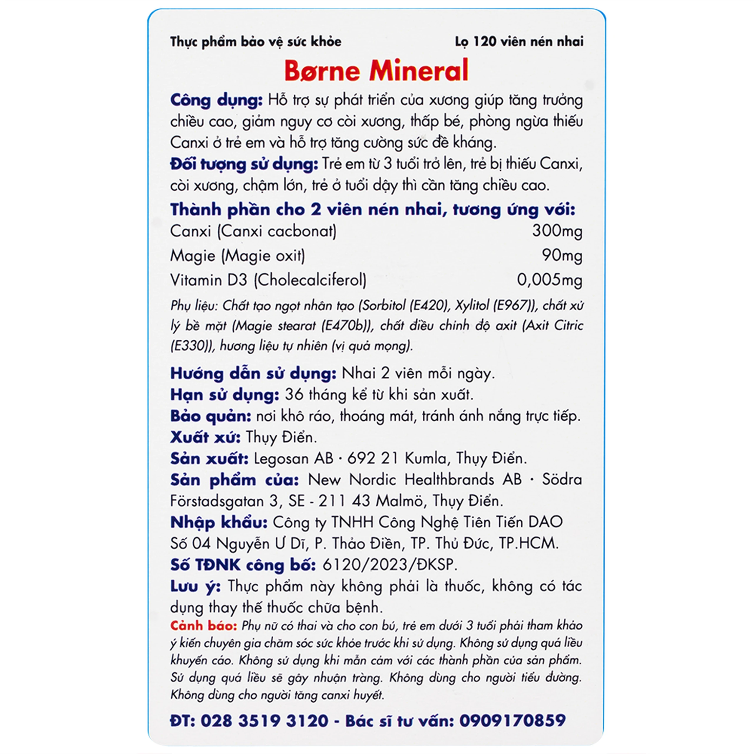 Viên nhai giúp tăng chiều cao, giảm nguy cơ còi xương cho trẻ em Borne Mineral New Nordic (120 viên)