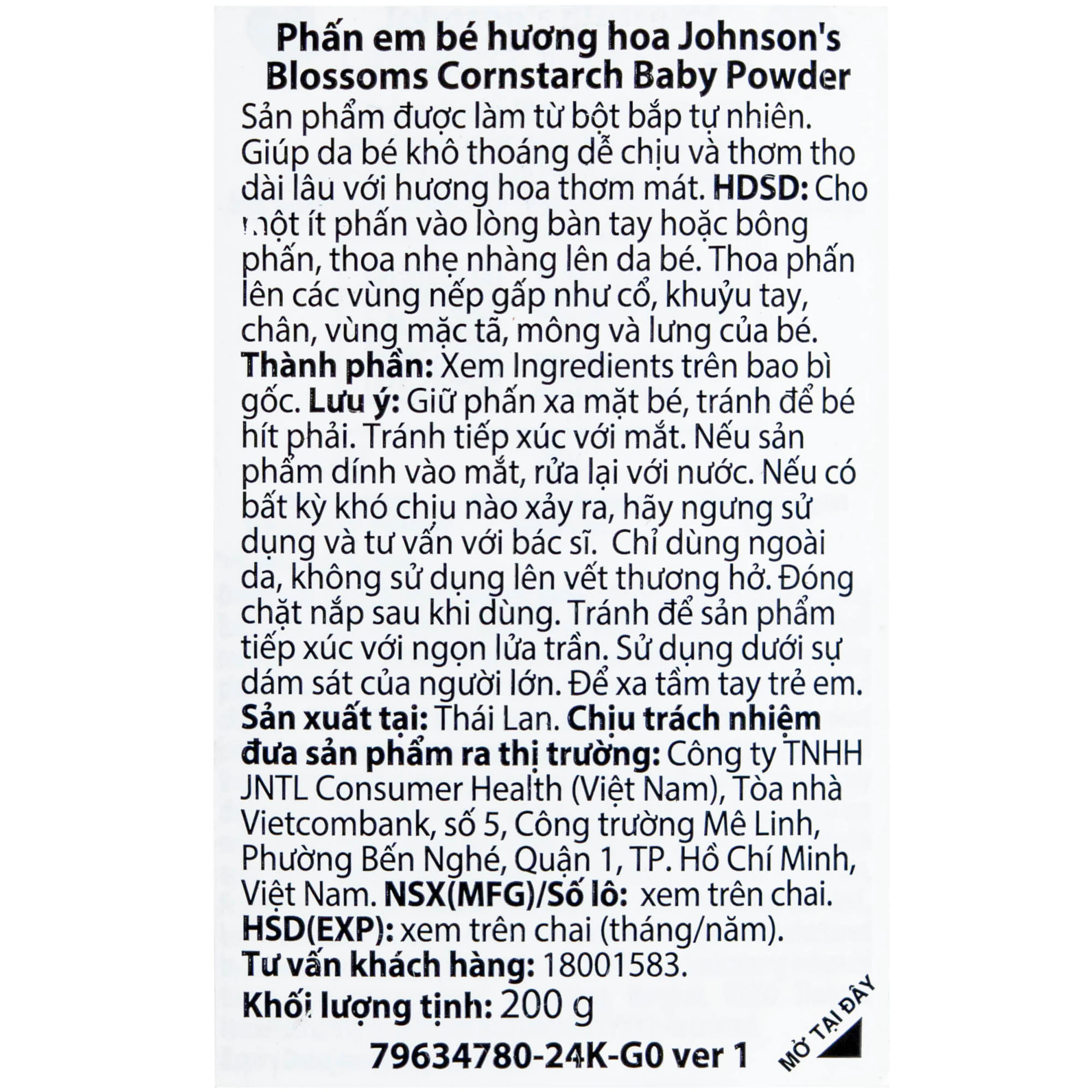 Phấn em bé hương hoa Johnson's blossoms cornstarch baby powder 200g