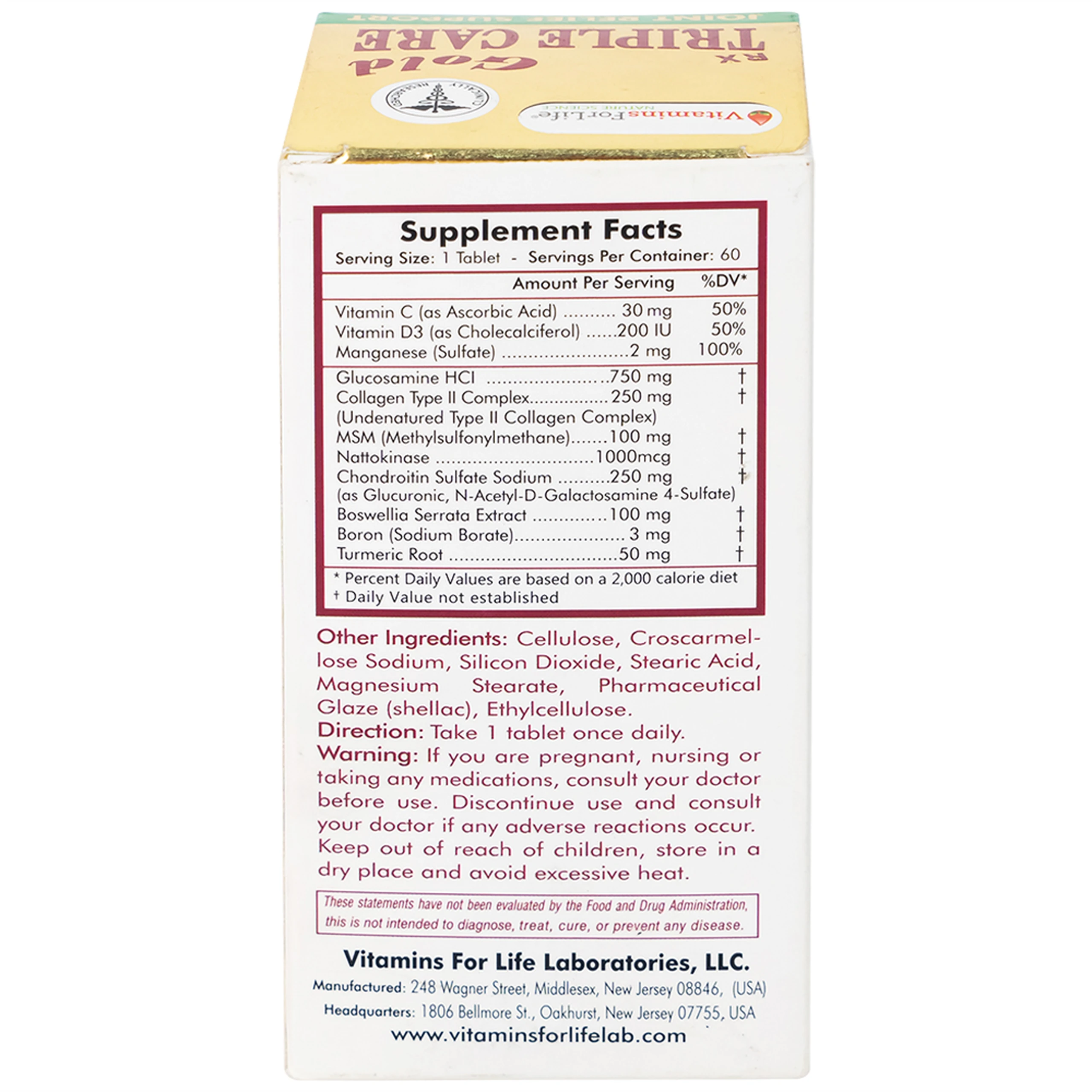 Viên uống giúp tăng tiết dịch khớp, giảm thoái hóa khớp Triple Care Gold Vitamins For Life (60 viên)