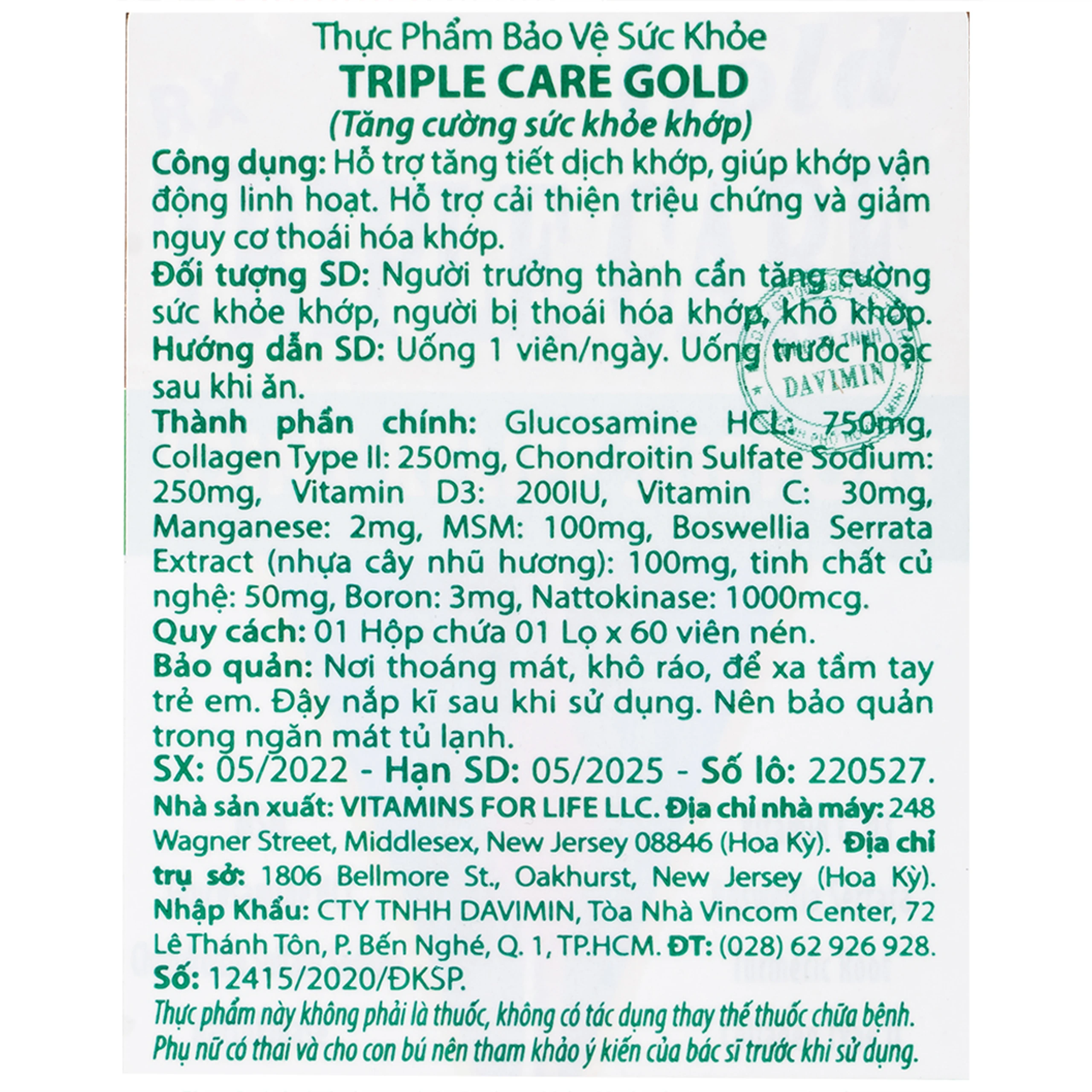 Viên uống giúp tăng tiết dịch khớp, giảm thoái hóa khớp Triple Care Gold Vitamins For Life (60 viên)