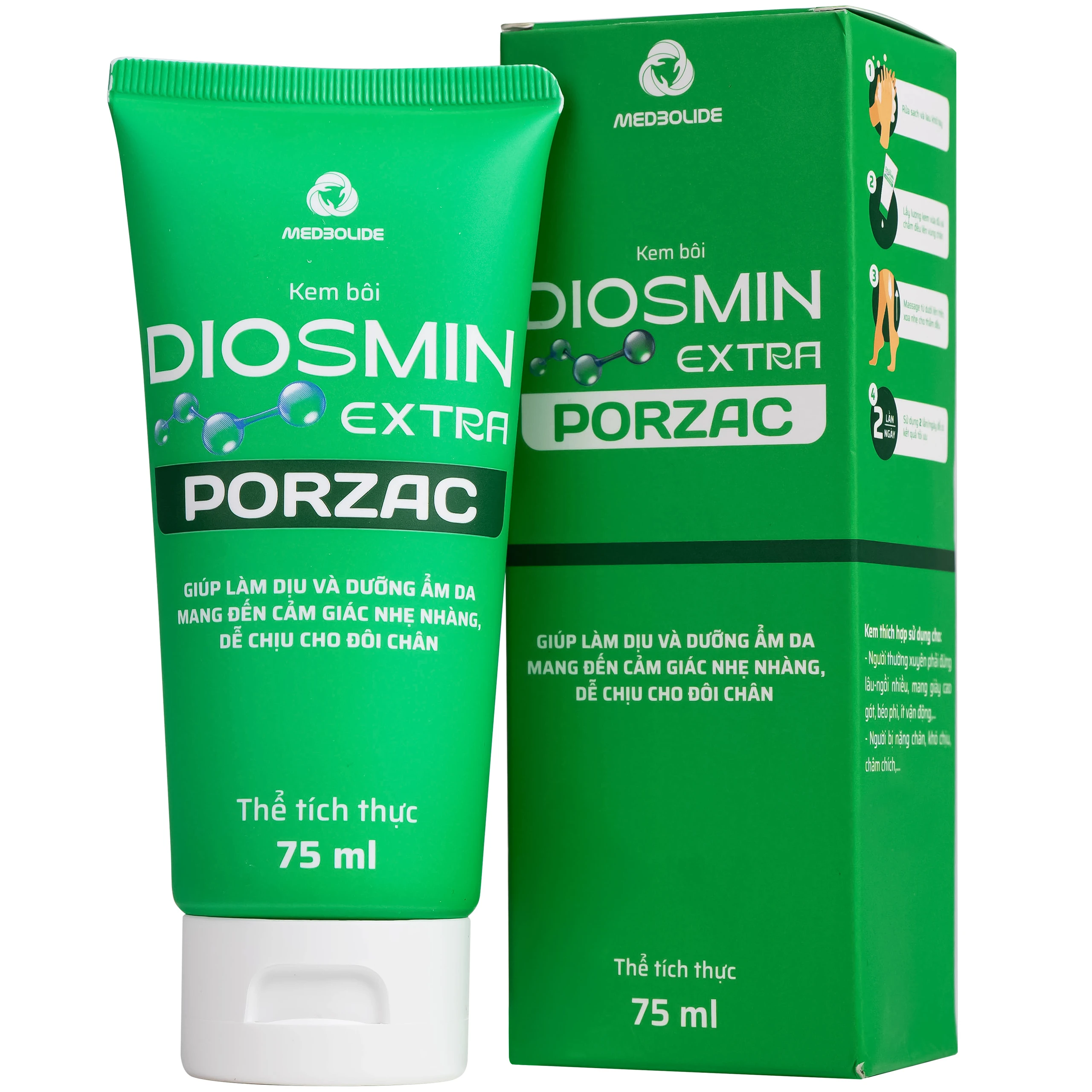 Gel bôi ngừa suy giãn tĩnh mạch, phù, nặng chân Diosmin Extra Porzac 75ml