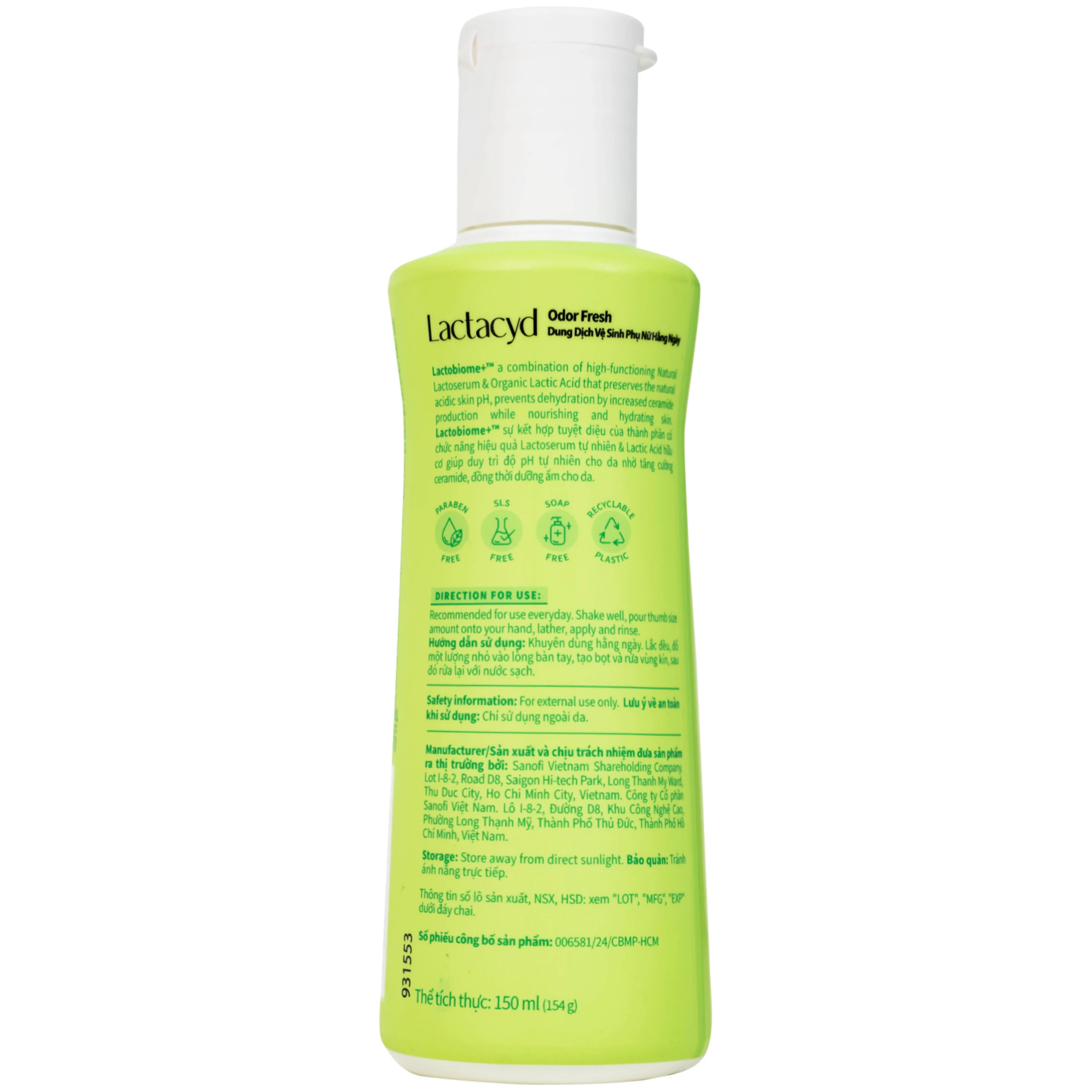 Dung dịch vệ sinh phụ nữ Lactacyd Odor Fresh ngăn mùi suốt 24h (150ml)