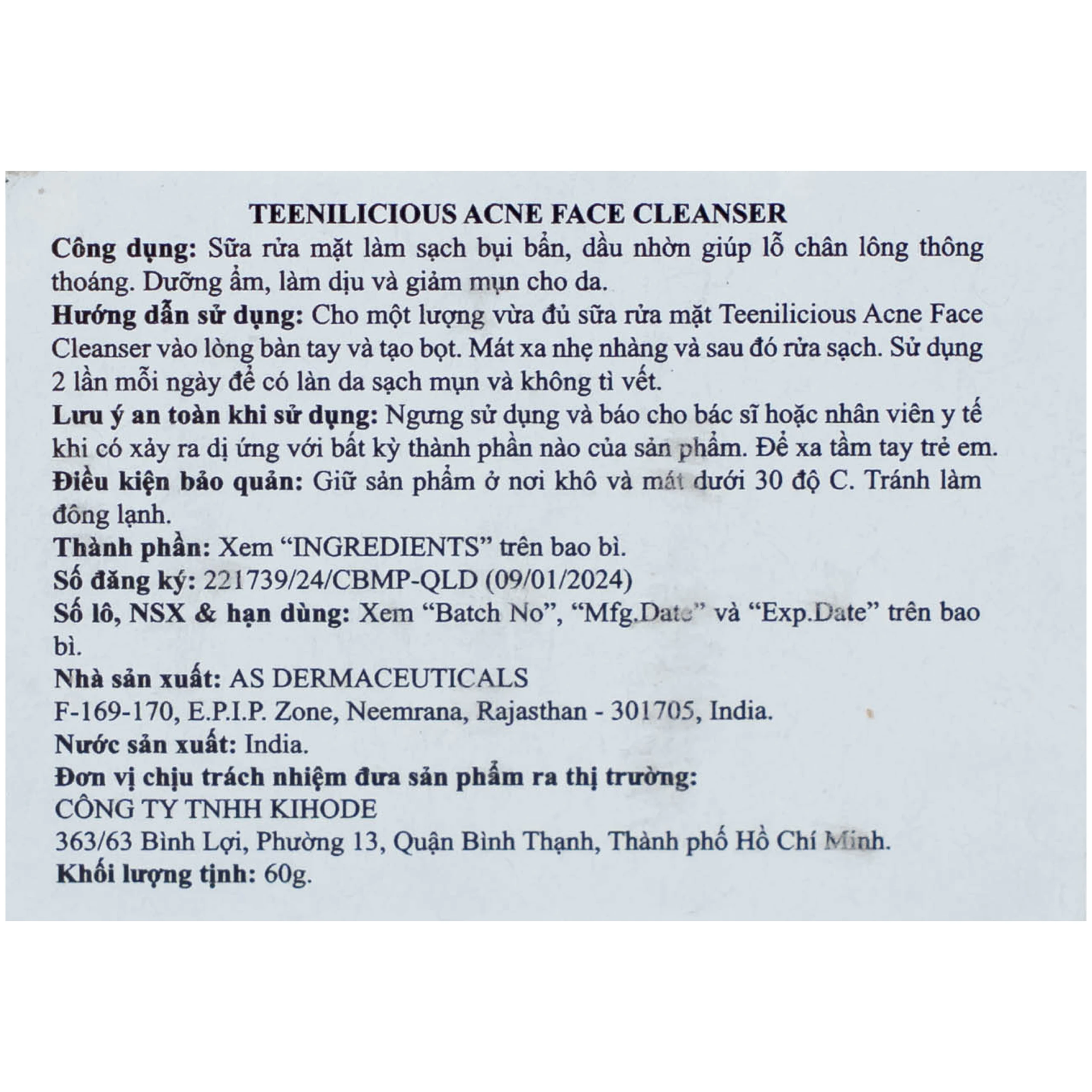 Gel rửa mặt ngừa mụn, sạch bã nhờn Teenilicious 60g