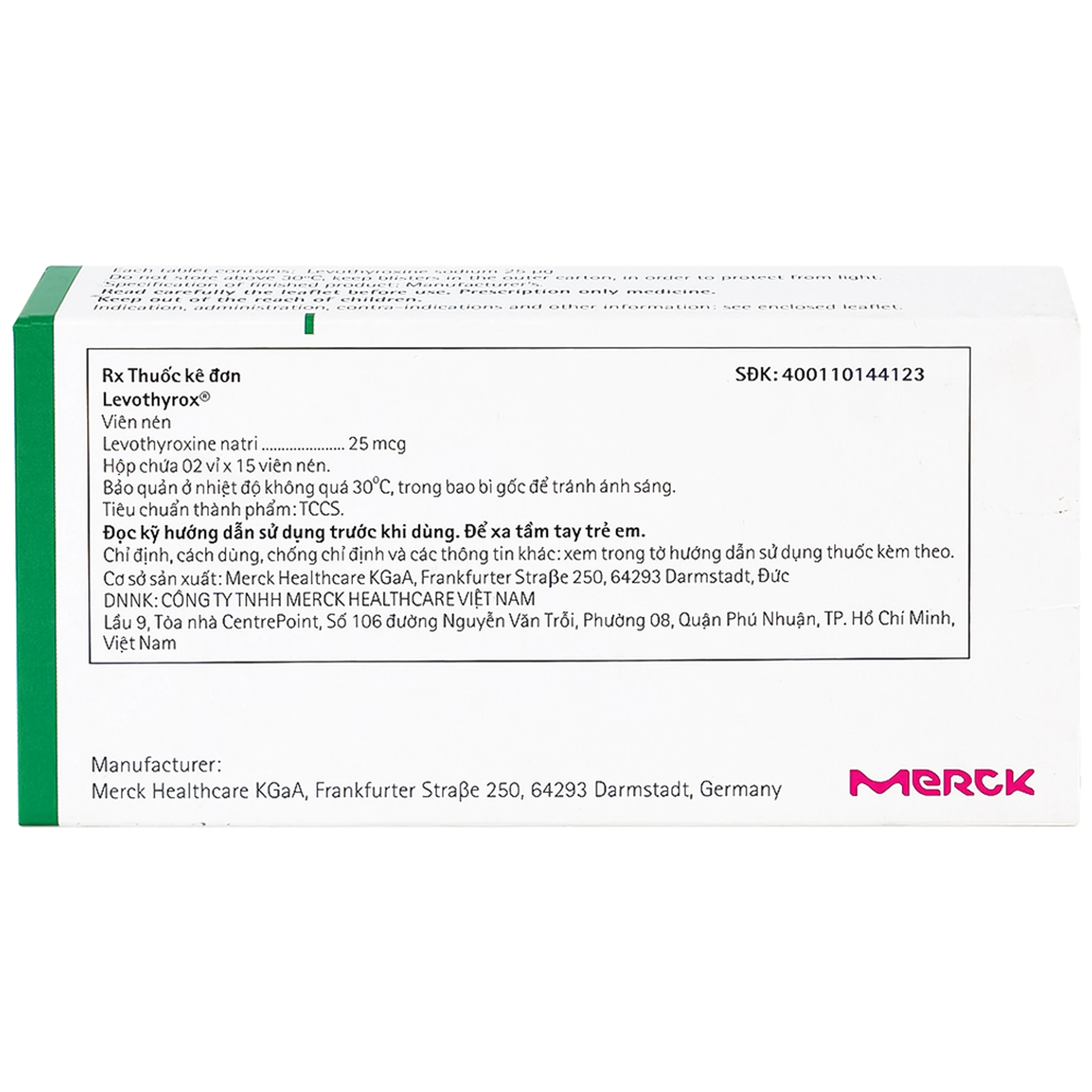 Thuốc Levothyrox 25µg Merck điều trị bướu giáp đơn thuần lành tính (2 vỉ x 15 viên)