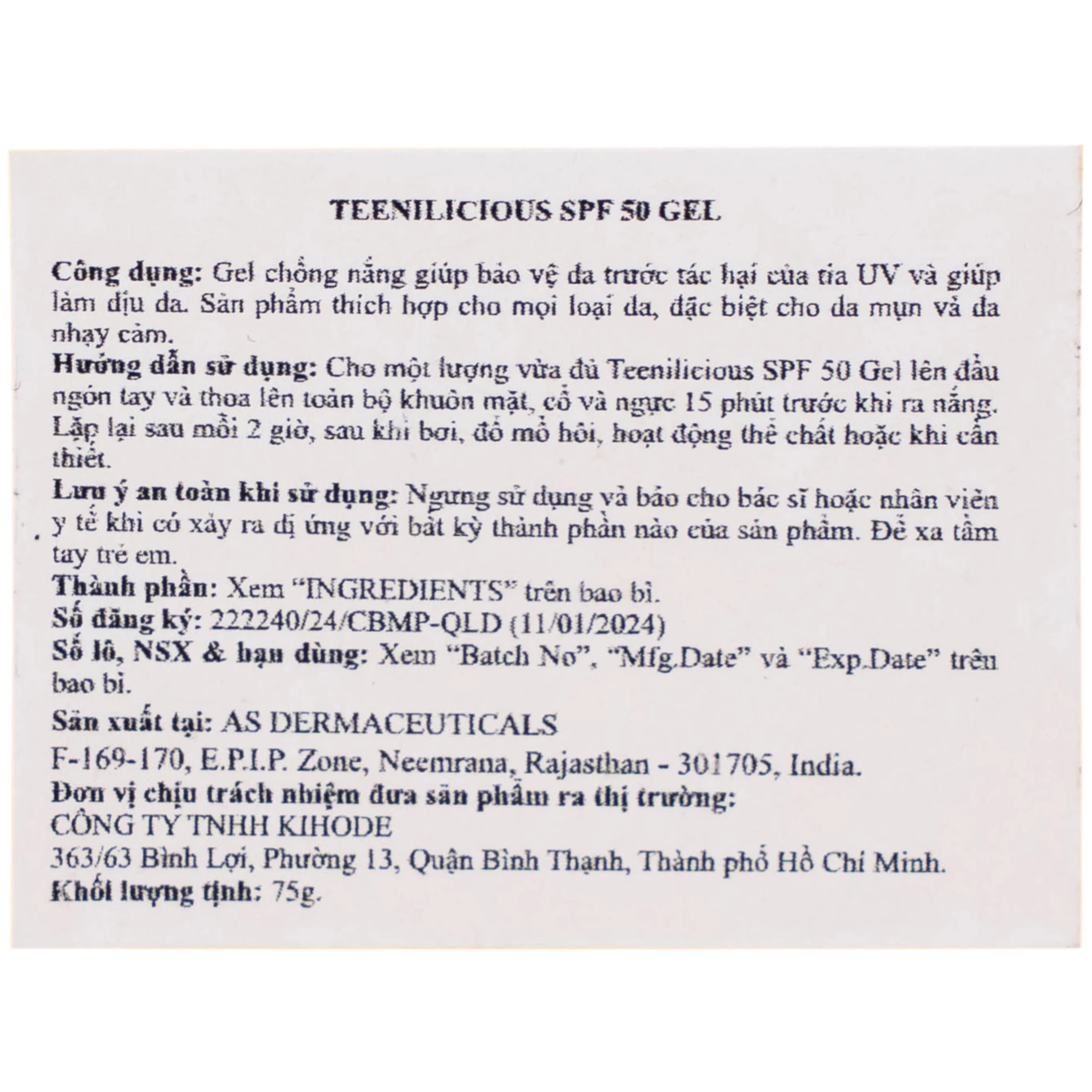 Gel chống nắng cho da mụn và nhạy cảm Teenilicious SPF50 PA+++ hộp 75g